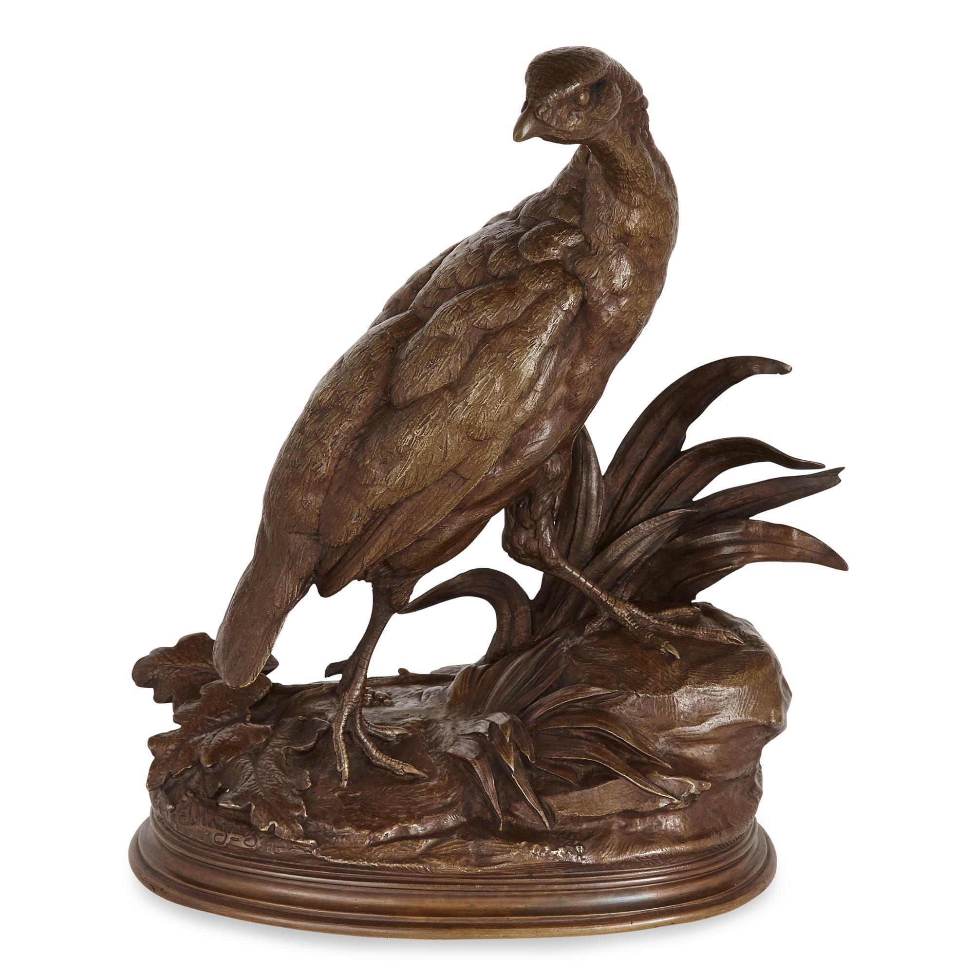 Each bird in this pair is a partridge—the ubiquitous European game bird. The partridges are cast from bronze and are finished with a beautiful, polychrome patina. Each partridge in the pair stands on its own base, which is littered with leaves and