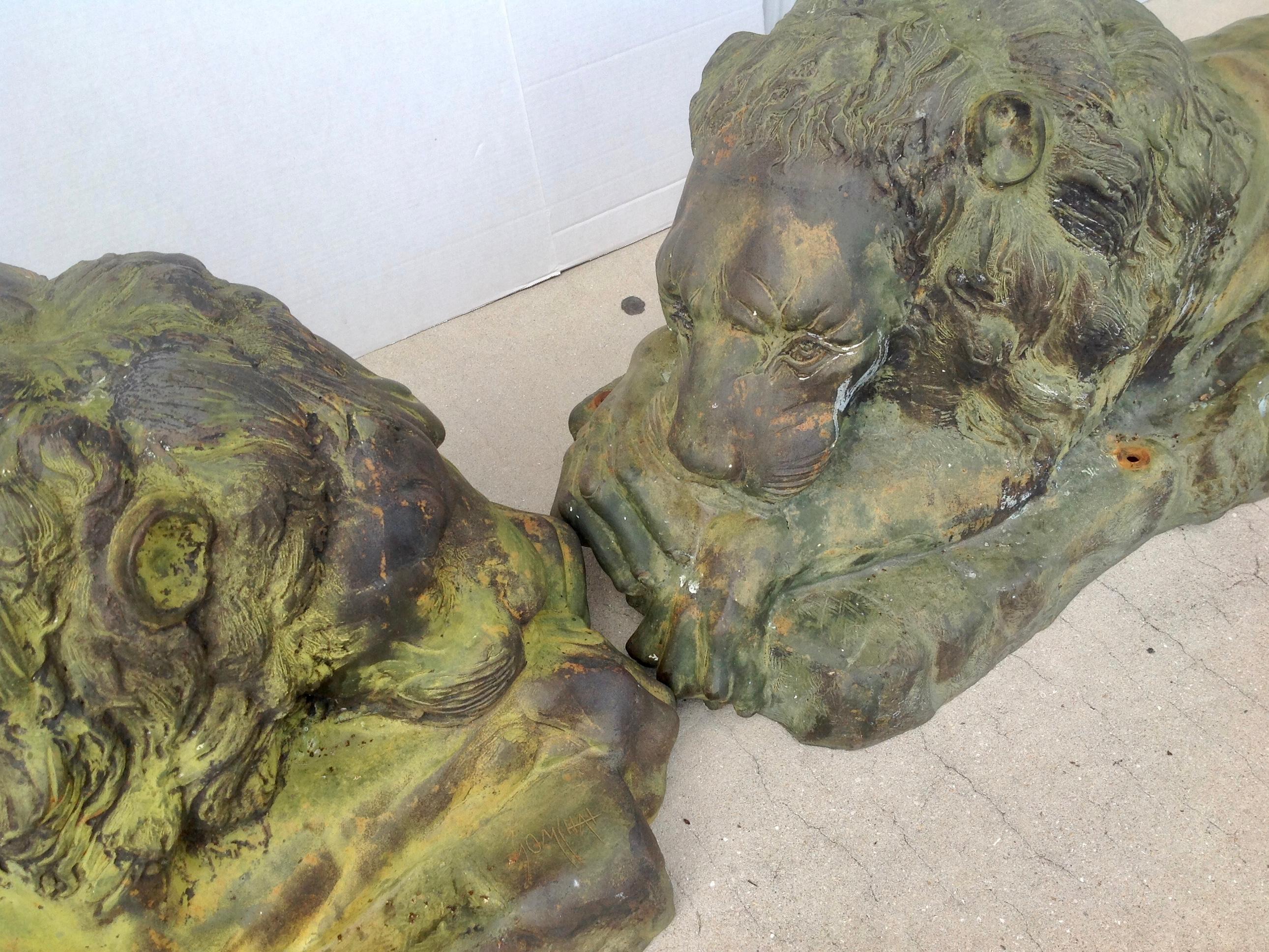 Pair of Bronze Garden Lions In Good Condition In West Palm Beach, FL