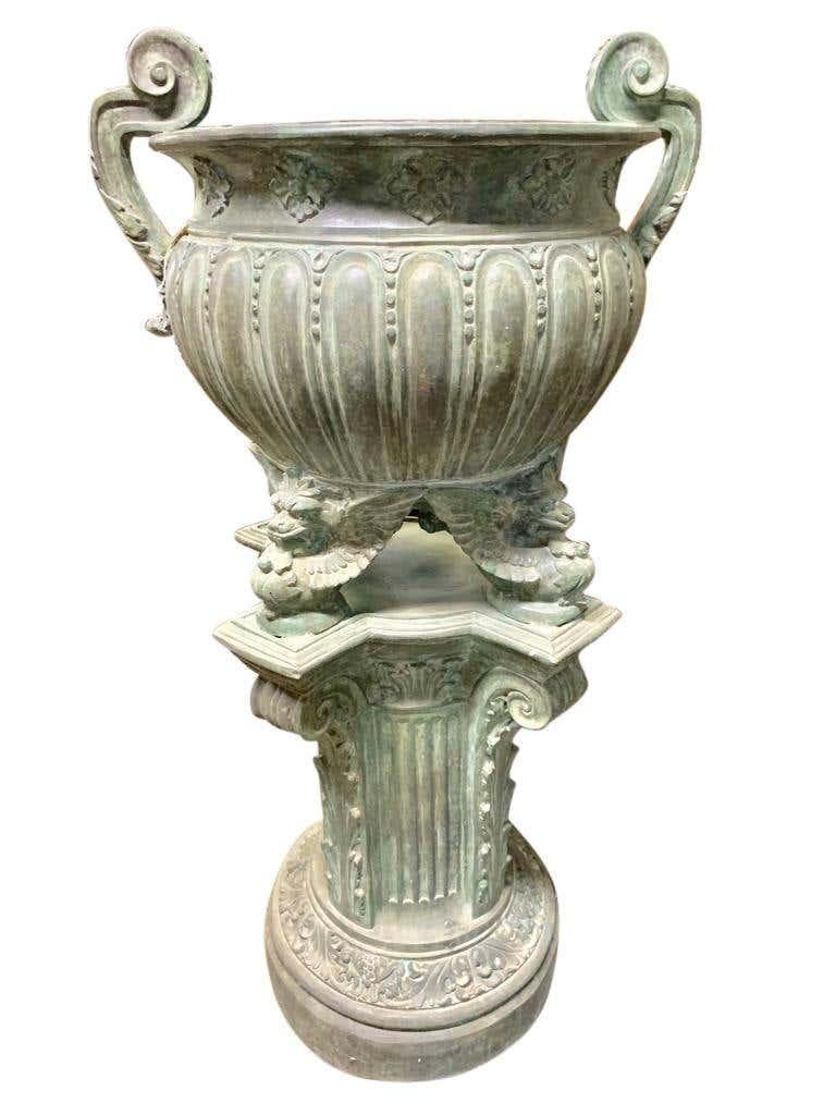 European Pair of Bronze Garden Urns, French Architectural Empire Vases, 20th Century For Sale