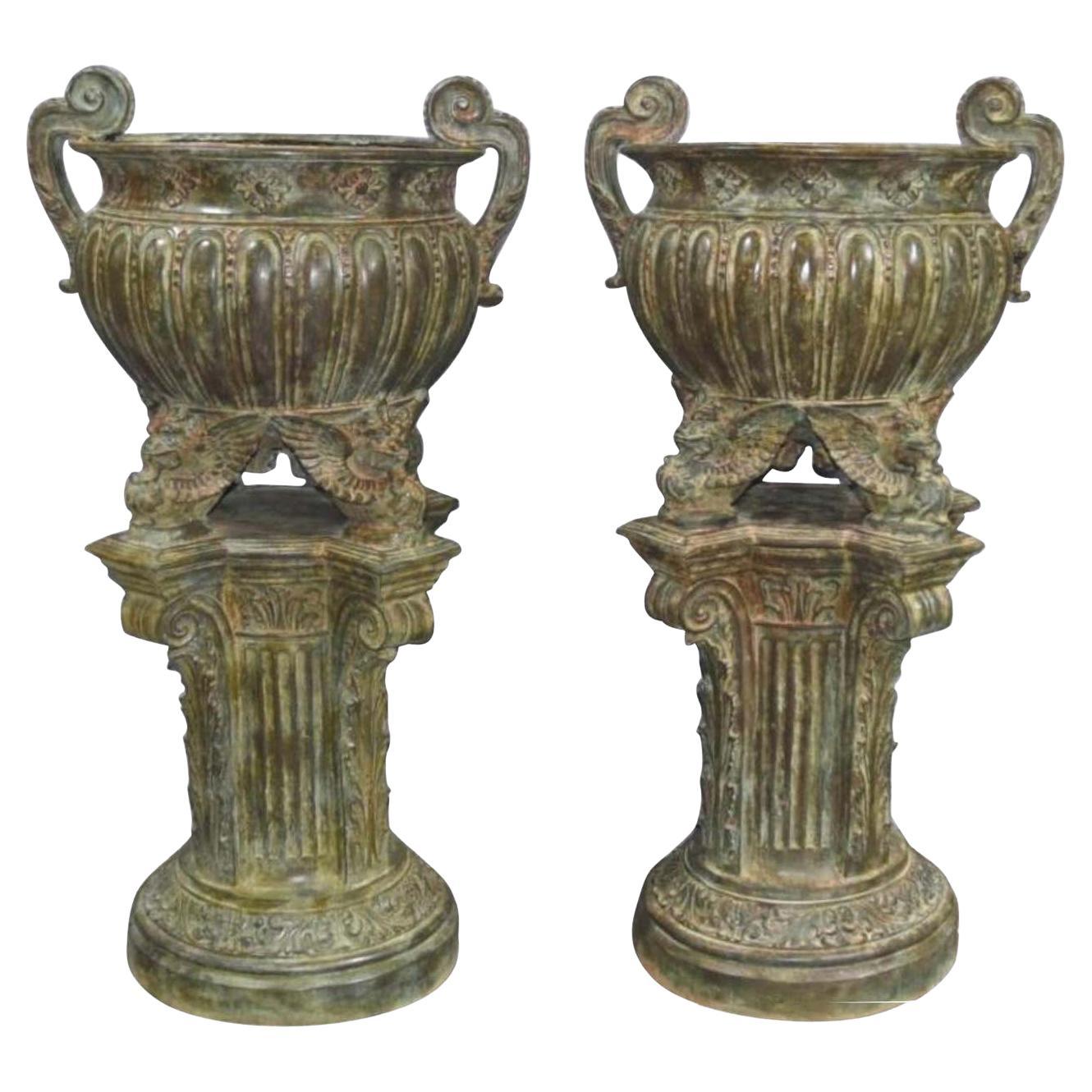 Pair of Bronze Garden Urns, French Architectural Empire Vases, 20th Century For Sale