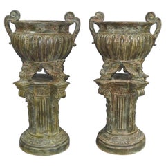 Pair of Bronze Garden Urns, French Architectural Empire Vases, 20th Century