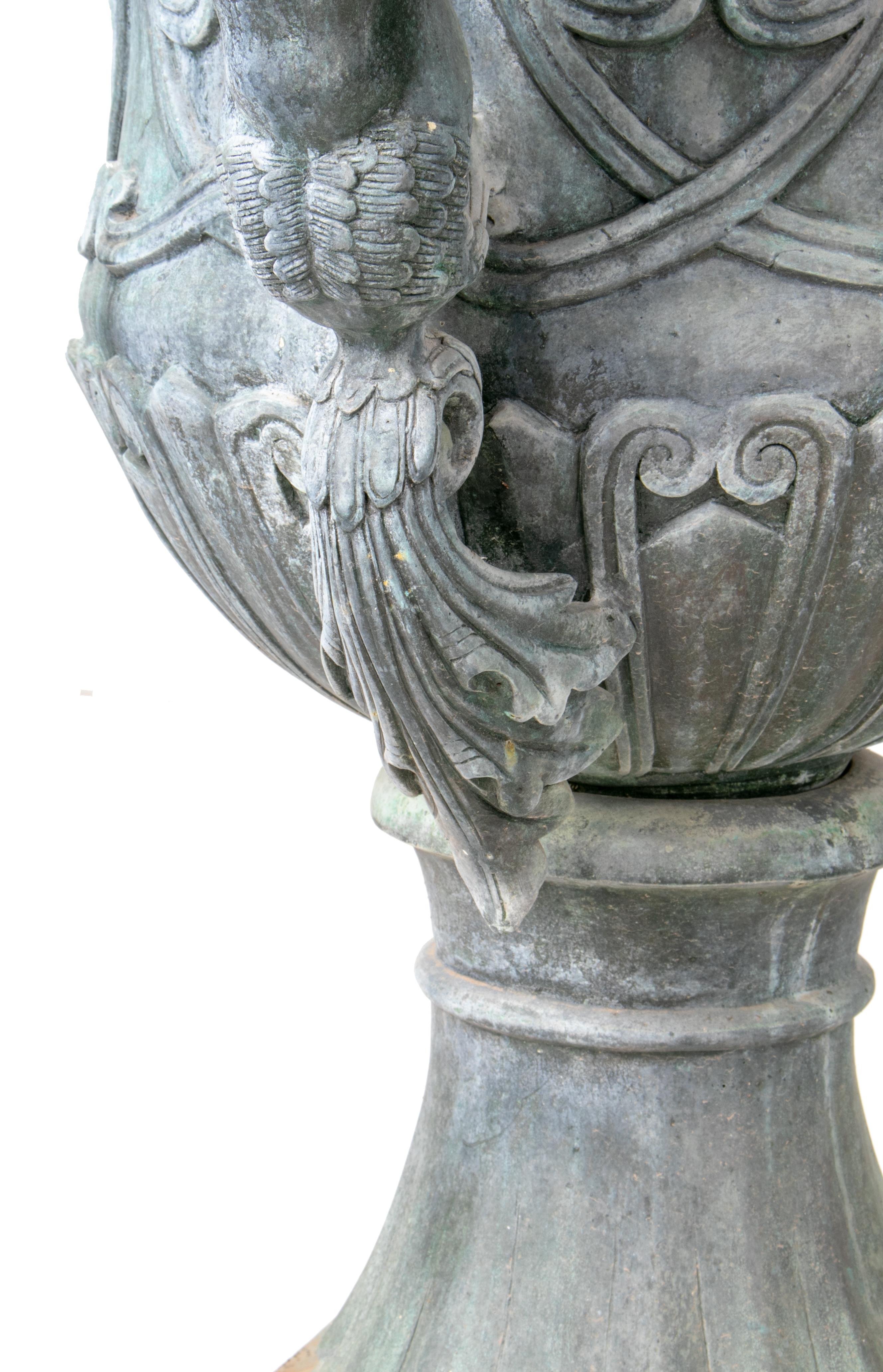 Pair of Bronze Garden Urns with Lions in Old Green Patina 6