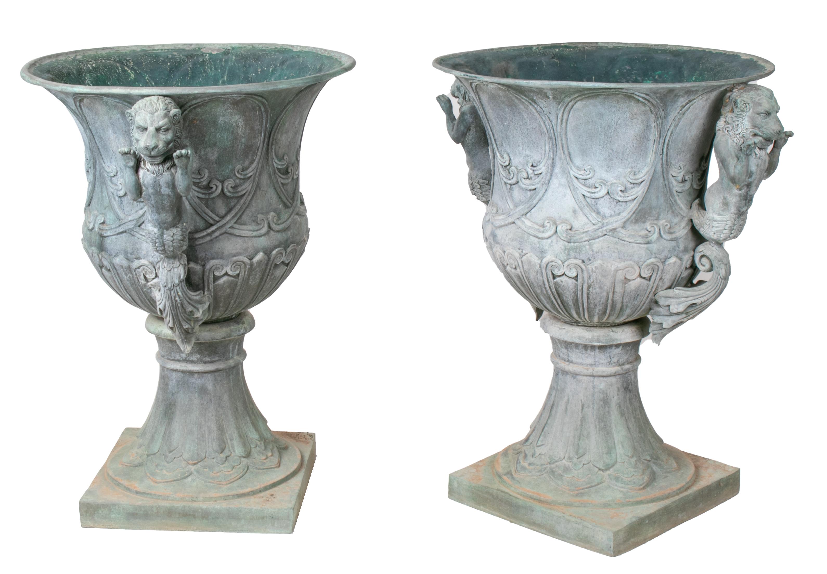 European Pair of Bronze Garden Urns with Lions in Old Green Patina