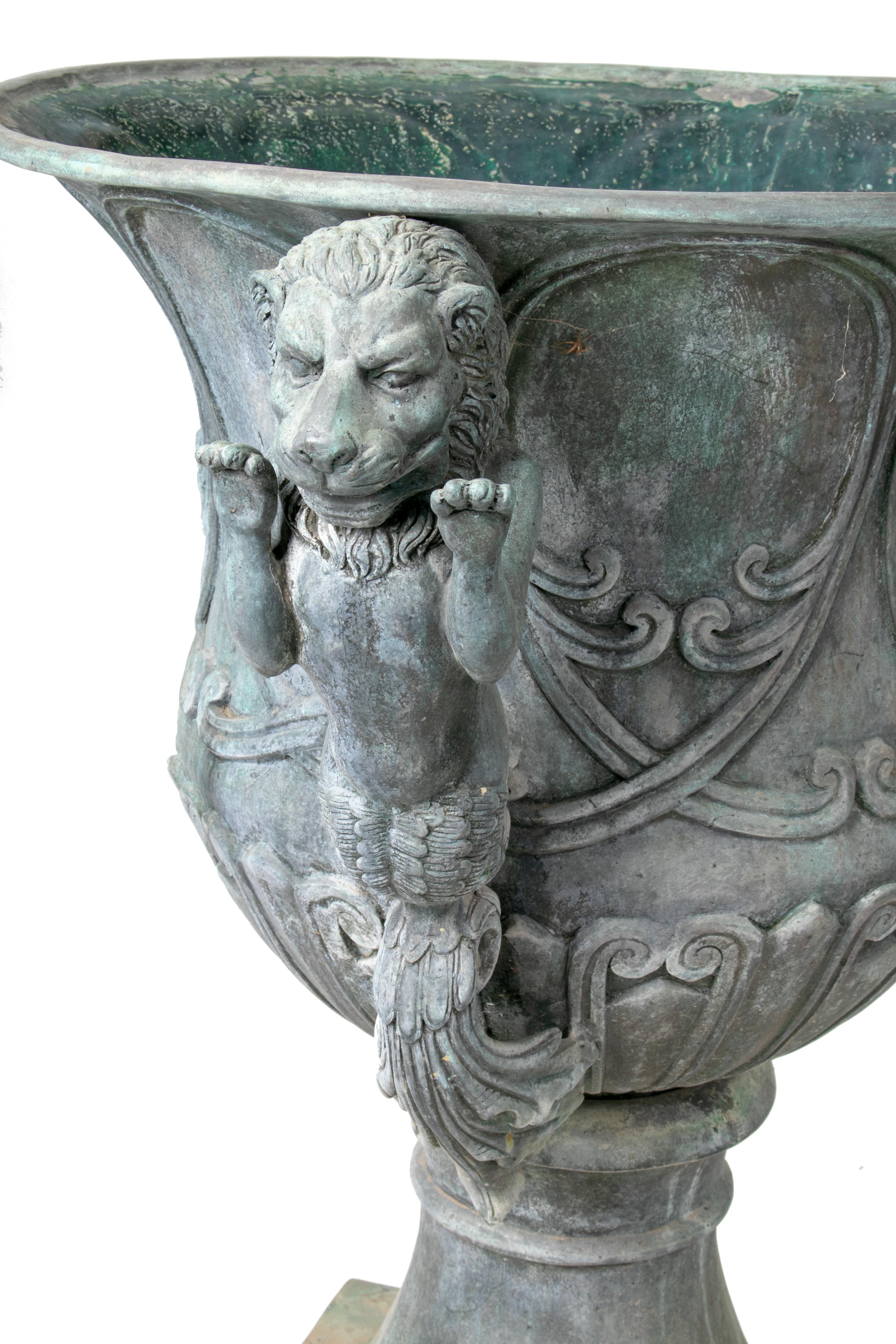 20th Century Pair of Bronze Garden Urns with Lions in Old Green Patina