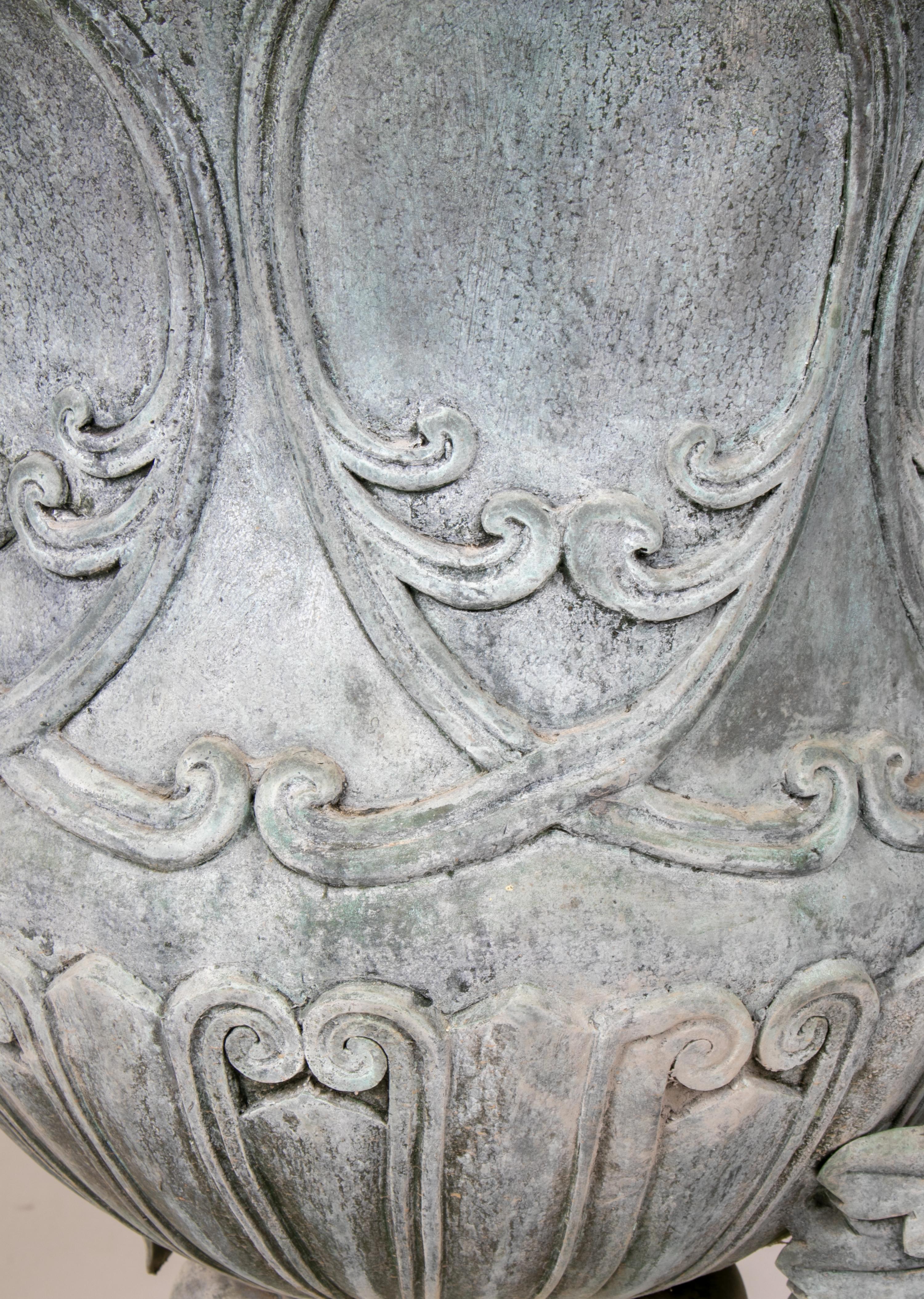 Pair of Bronze Garden Urns with Lions in Old Green Patina 1
