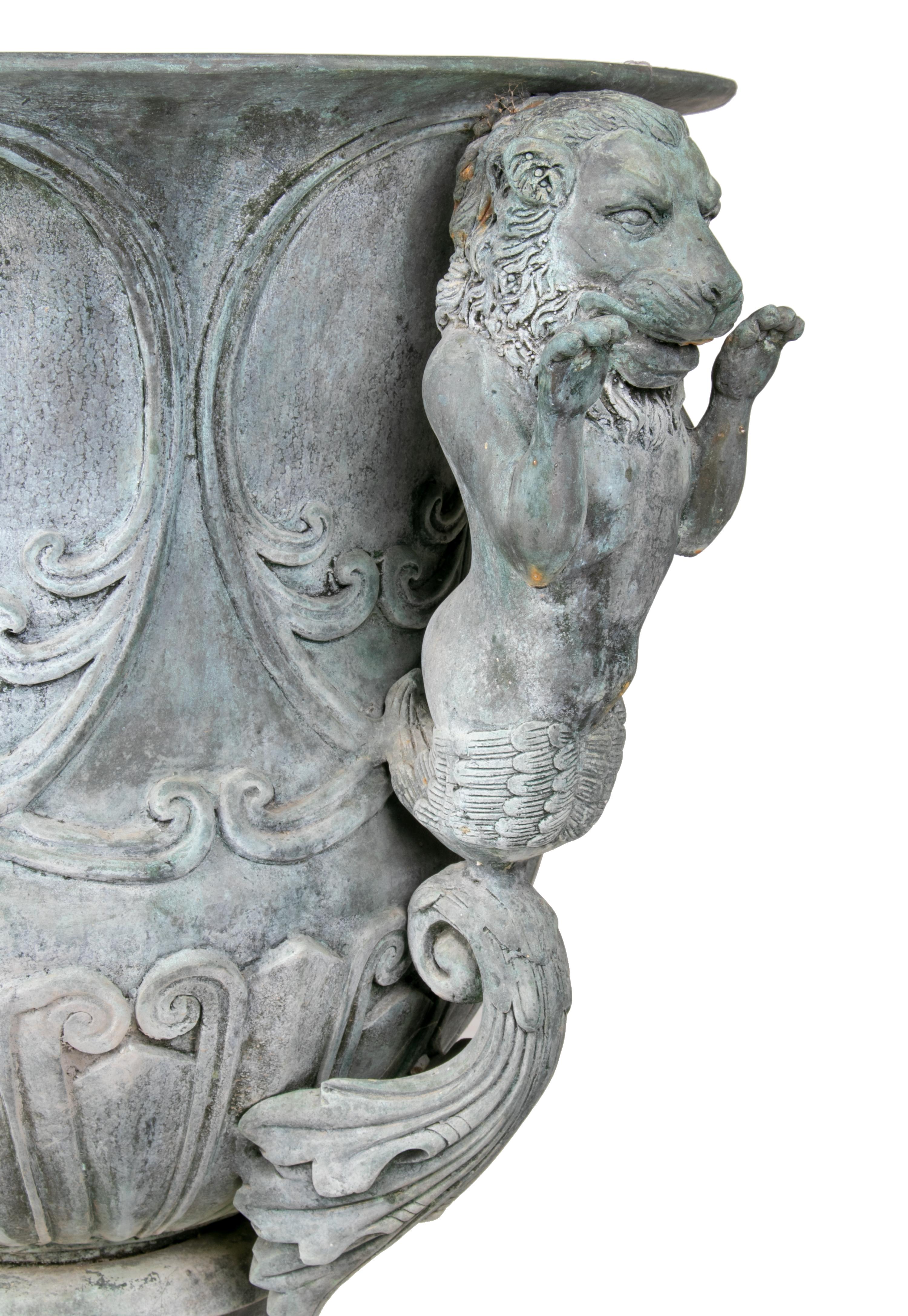 Pair of Bronze Garden Urns with Lions in Old Green Patina 2