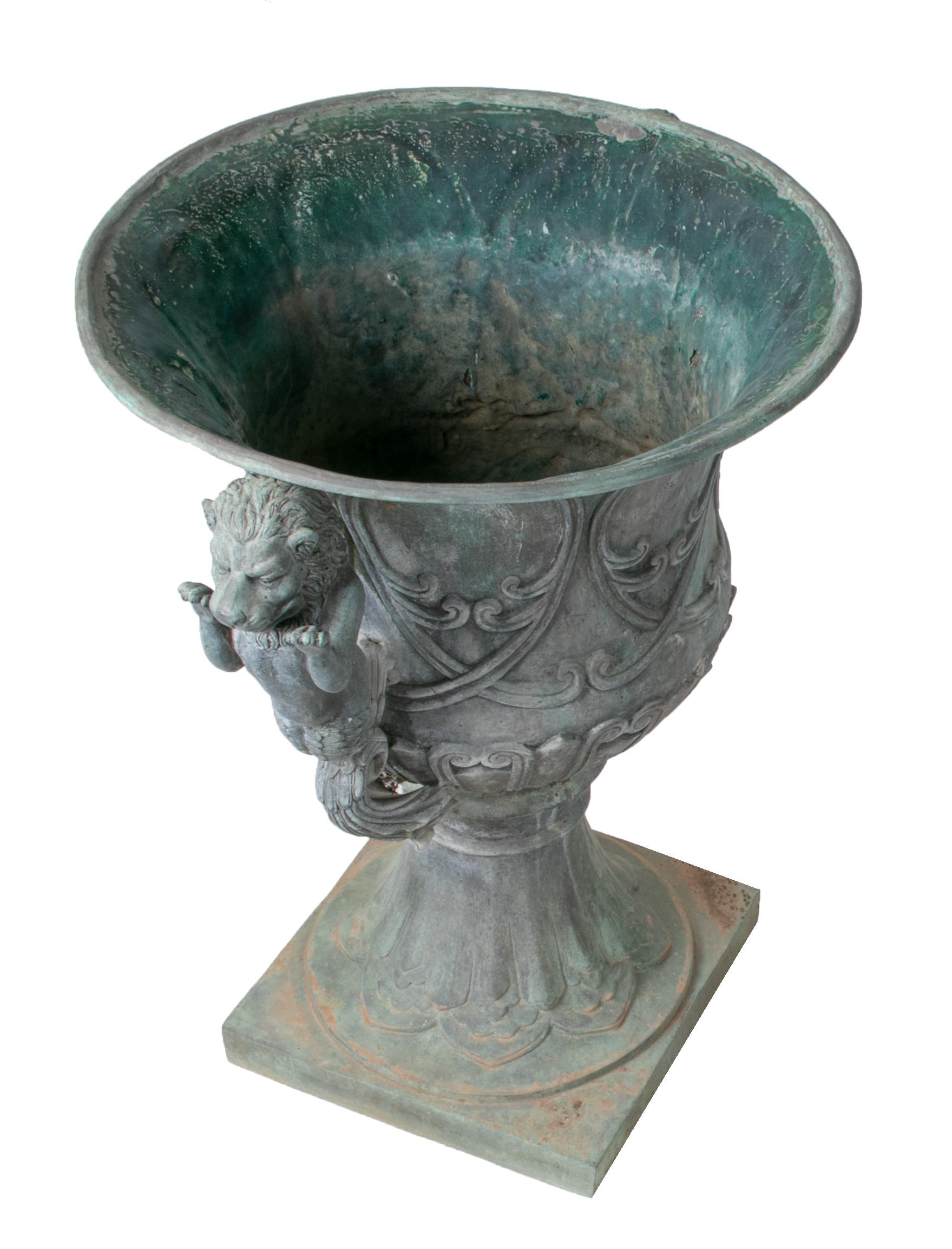 Pair of Bronze Garden Urns with Lions in Old Green Patina 3
