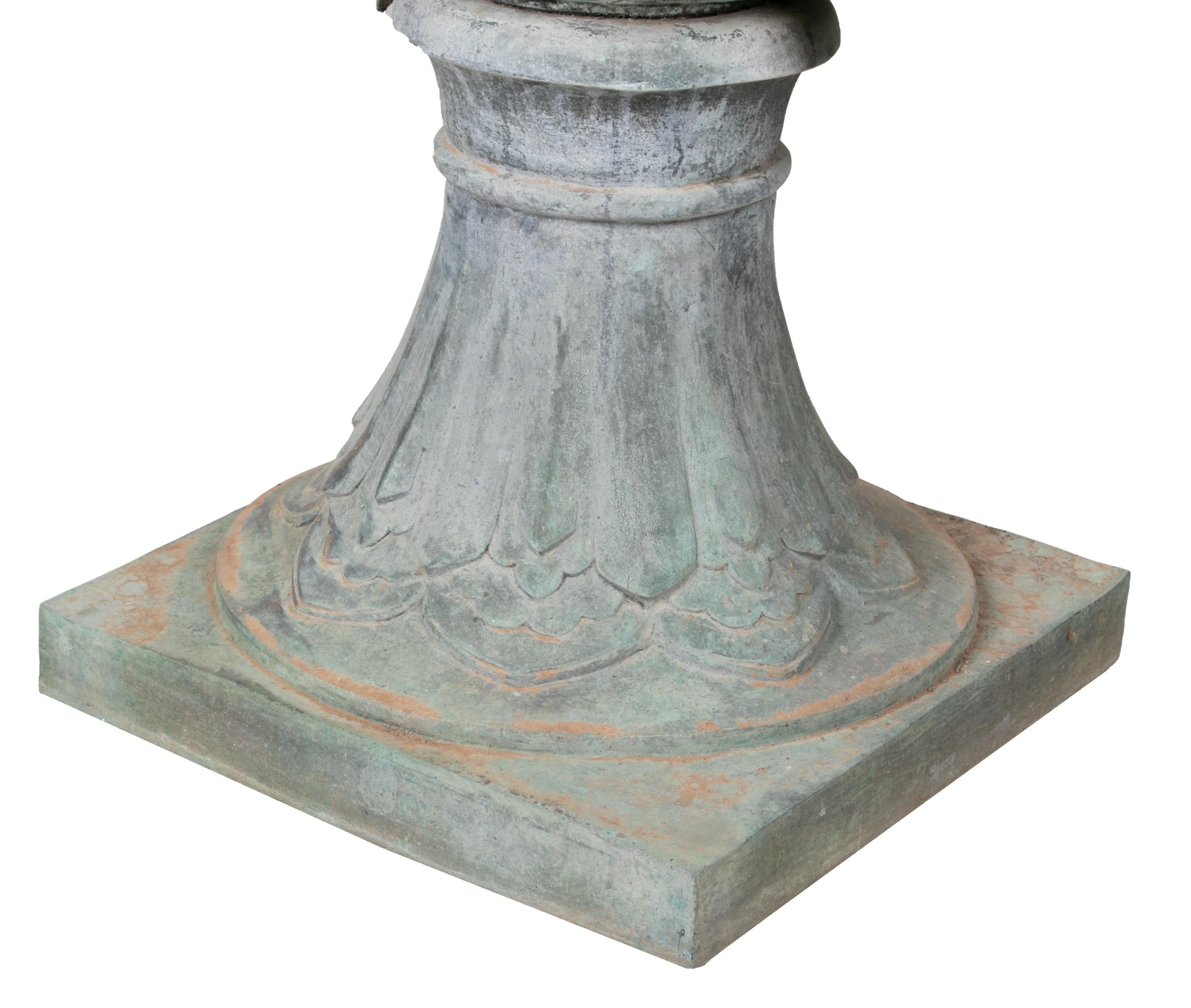 Pair of Bronze Garden Urns with Lions in Old Green Patina 4