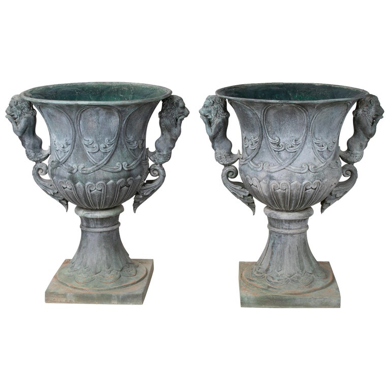 Pair of Bronze Garden Urns with Lions in Old Green Patina at 1stDibs
