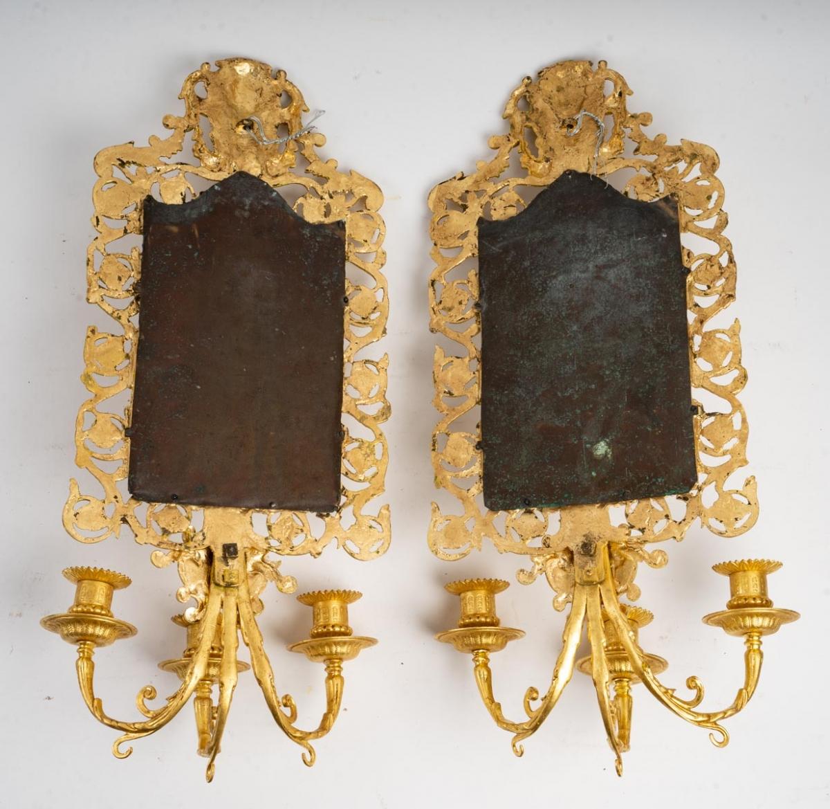 Pair of Bronze Gilt Leaf Mirror Wall Lights In Good Condition In Saint-Ouen, FR