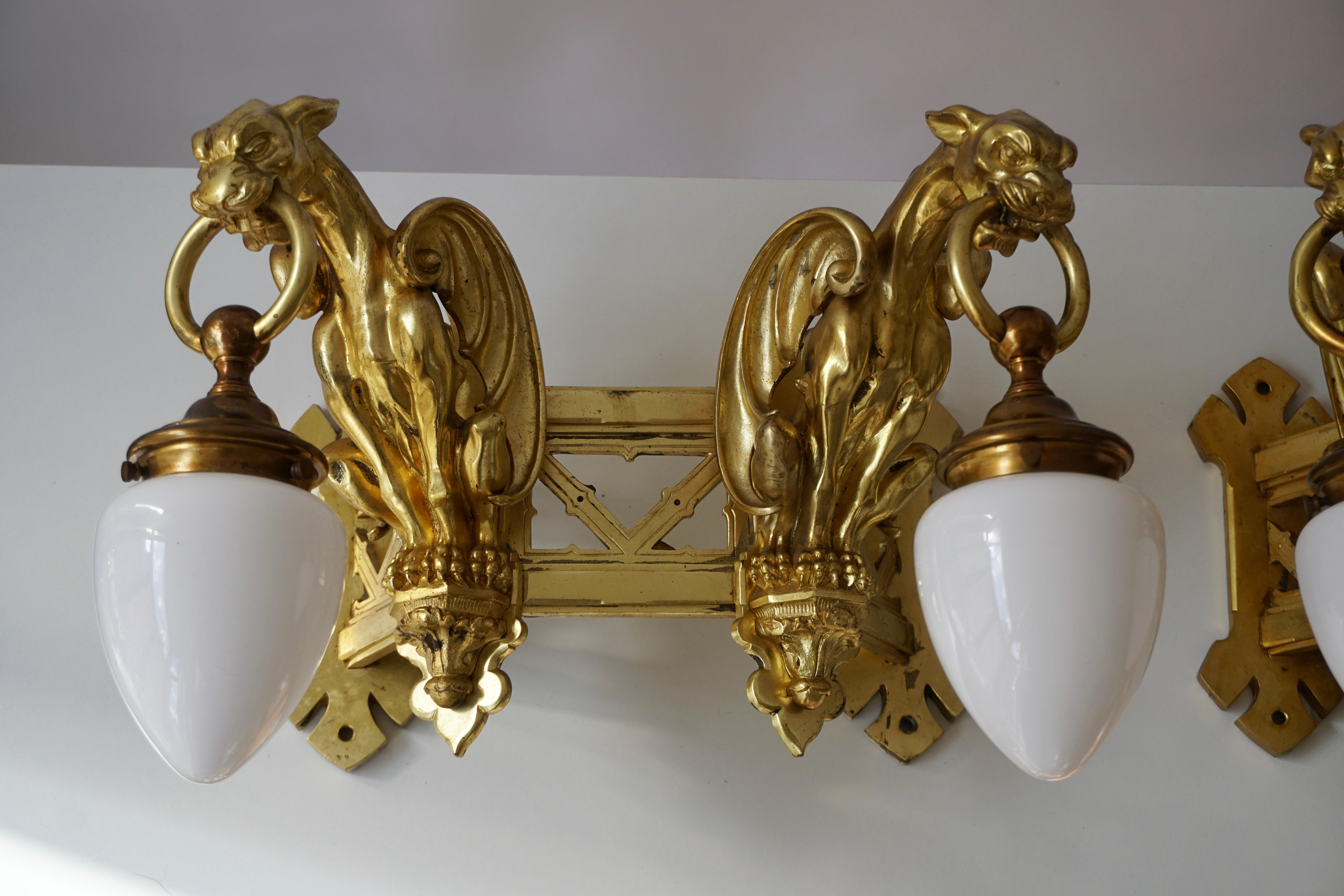 Pair of Bronze Gilt Wall Sconces Representing Two Griffins For Sale 5