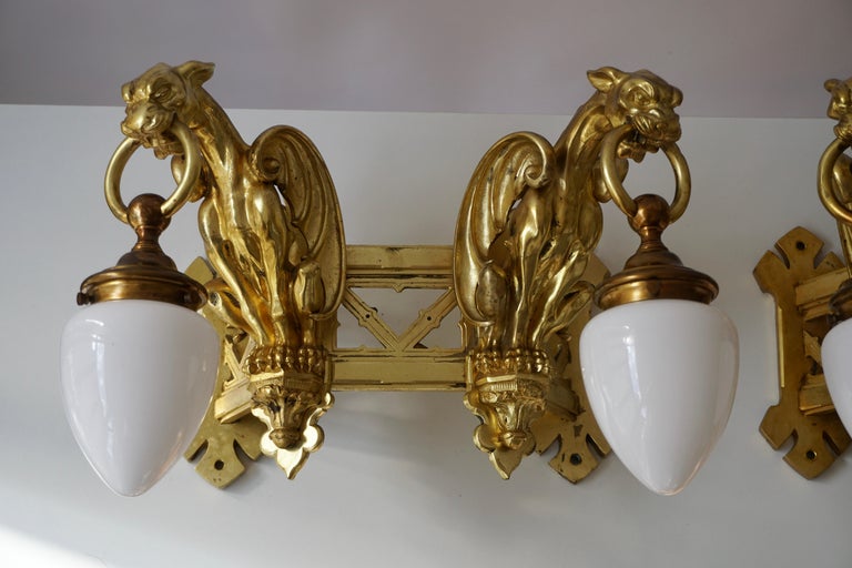 Pair of Bronze Gilt Wall Sconces Representing Two Griffins 5