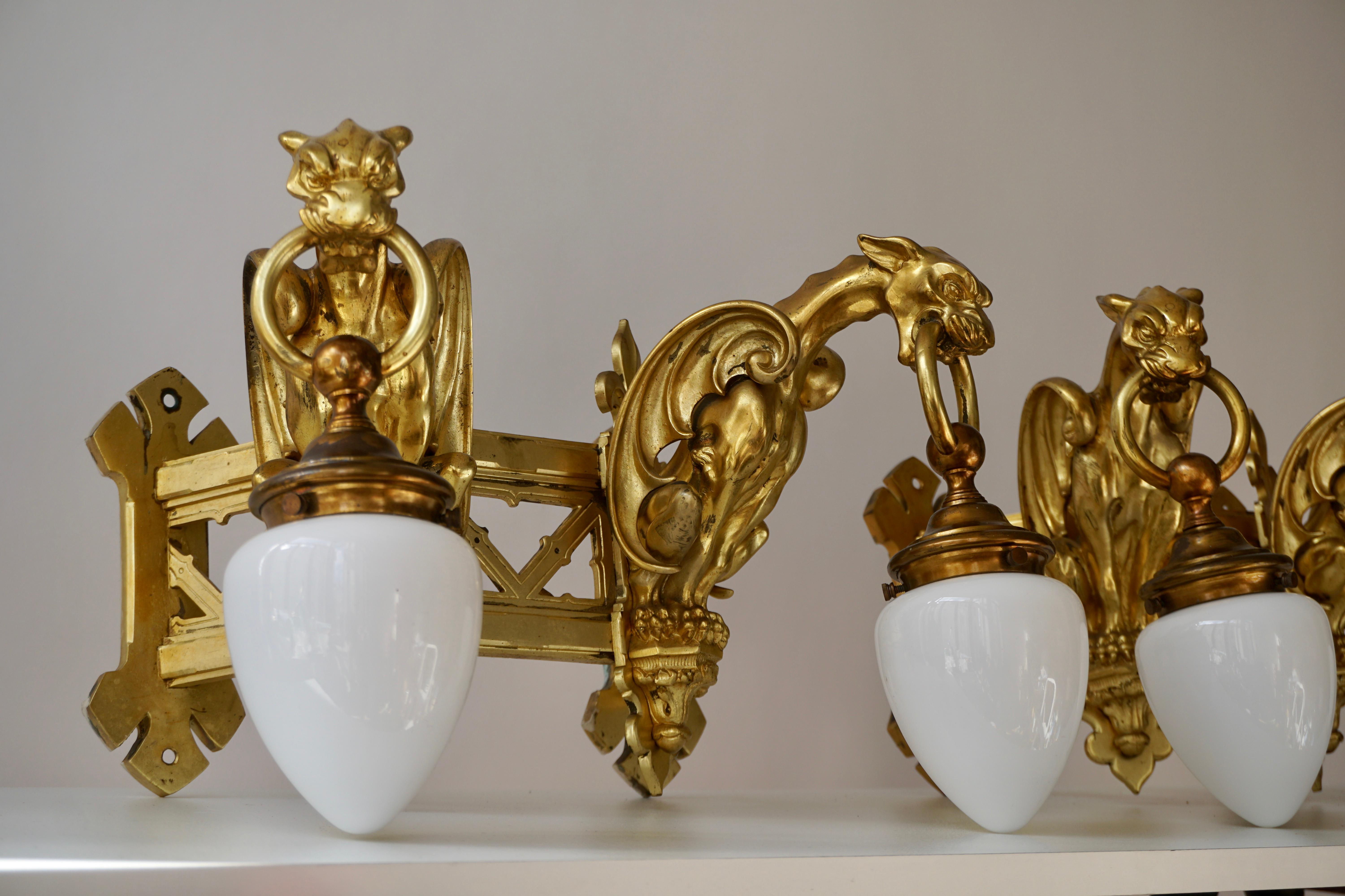 Pair of Bronze Gilt Wall Sconces Representing Two Griffins For Sale 6