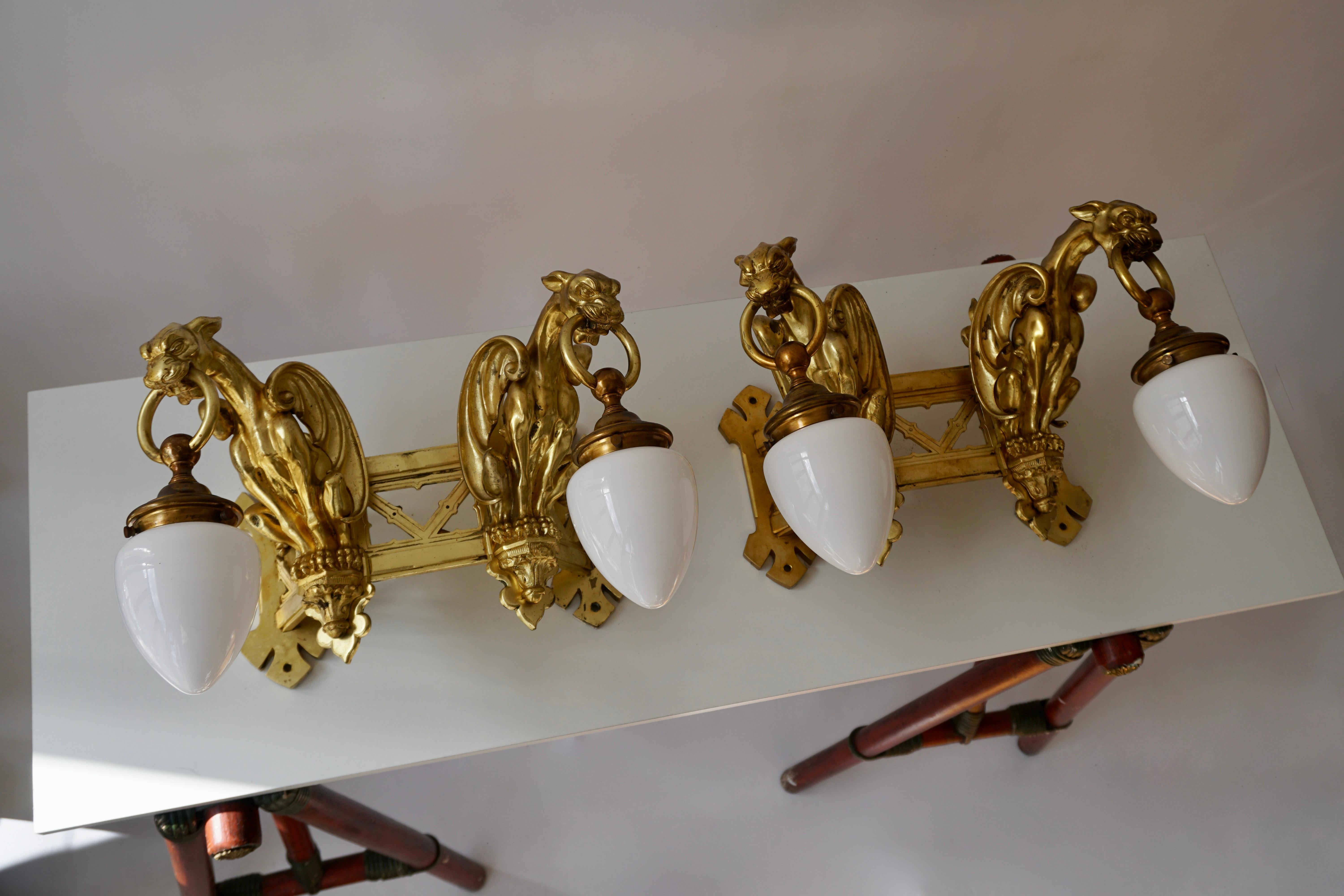 Pair of Bronze Gilt Wall Sconces Representing Two Griffins For Sale 8