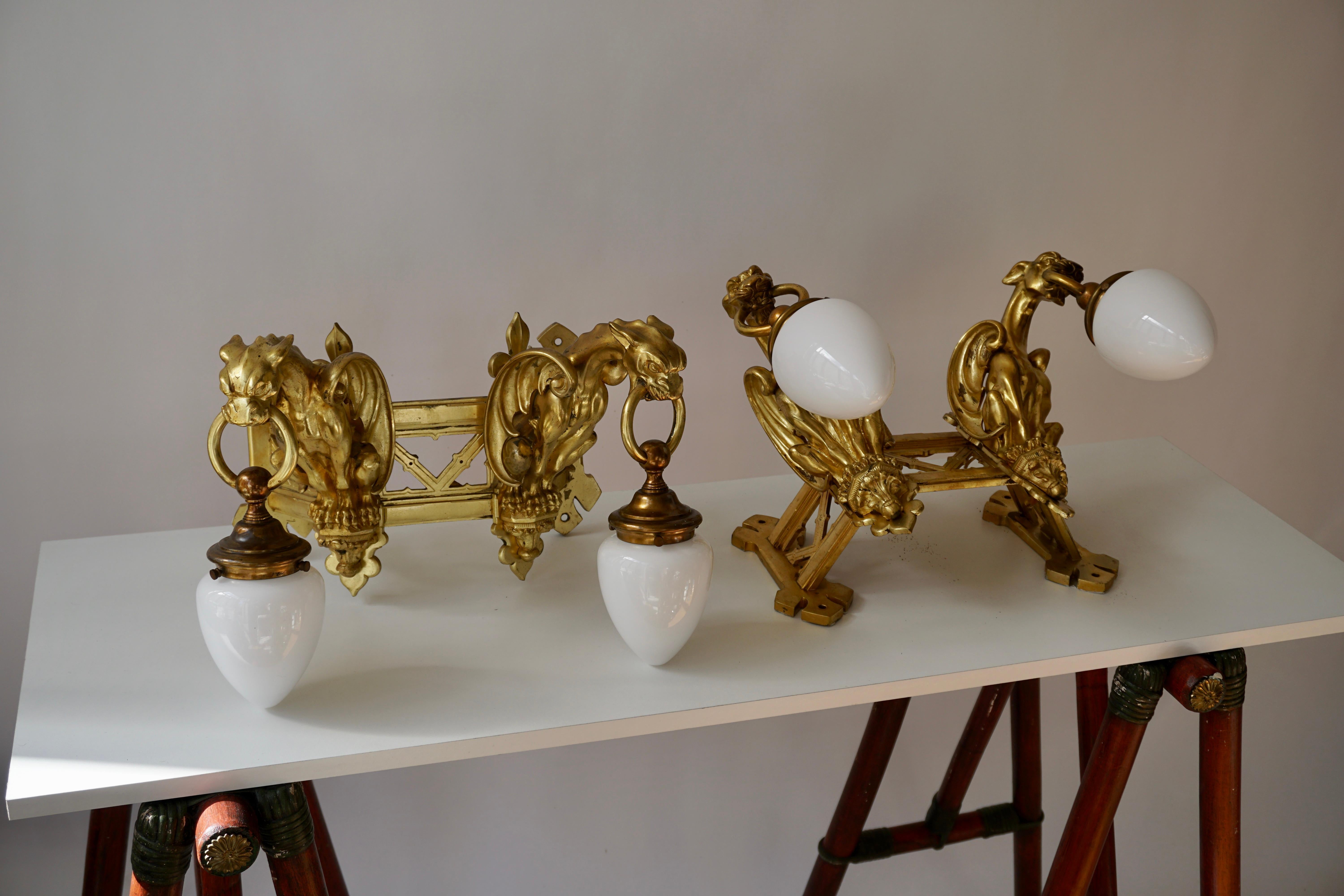 Pair of Bronze Gilt Wall Sconces Representing Two Griffins For Sale 8