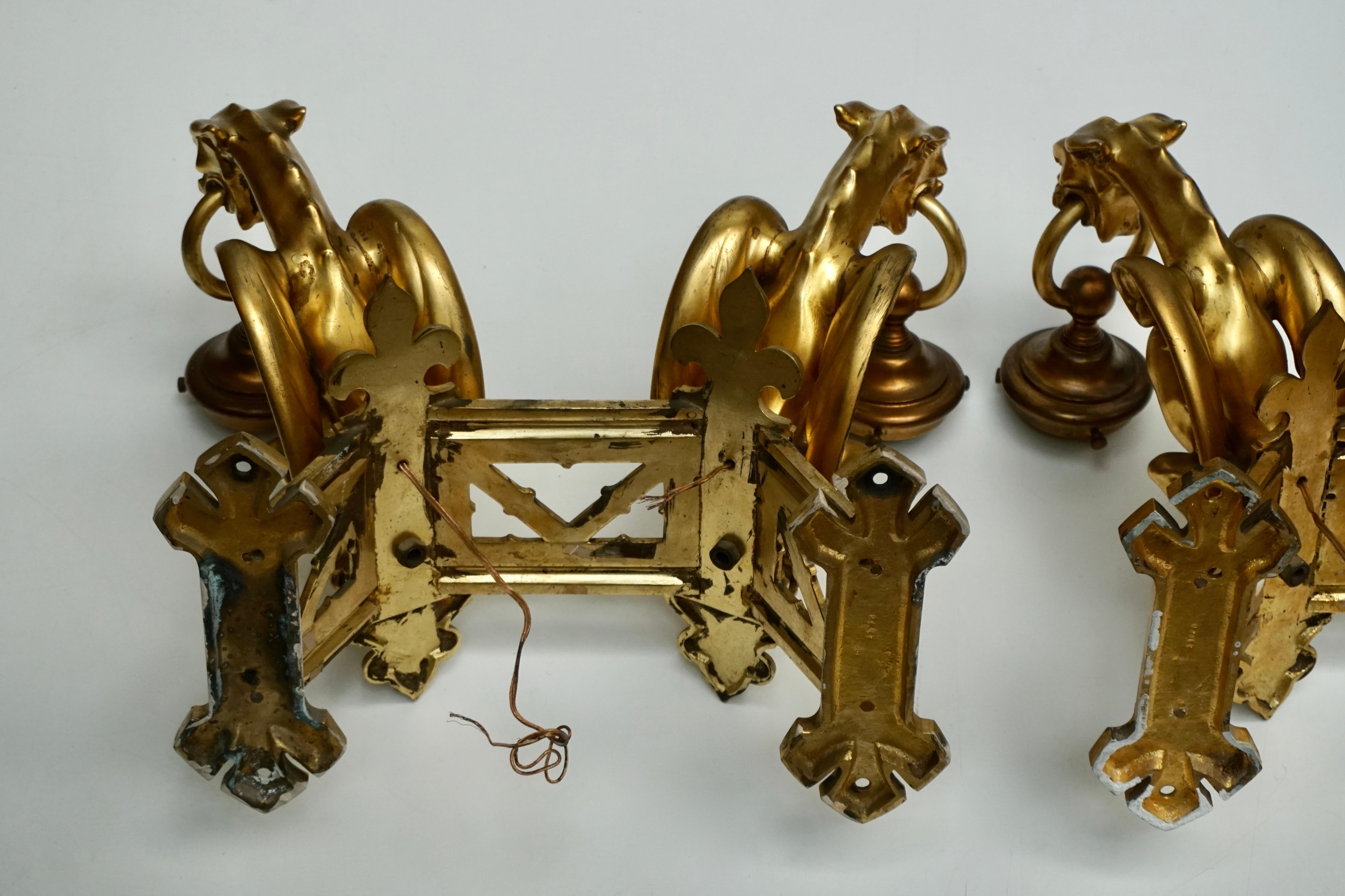 Pair of Bronze Gilt Wall Sconces Representing Two Griffins For Sale 14