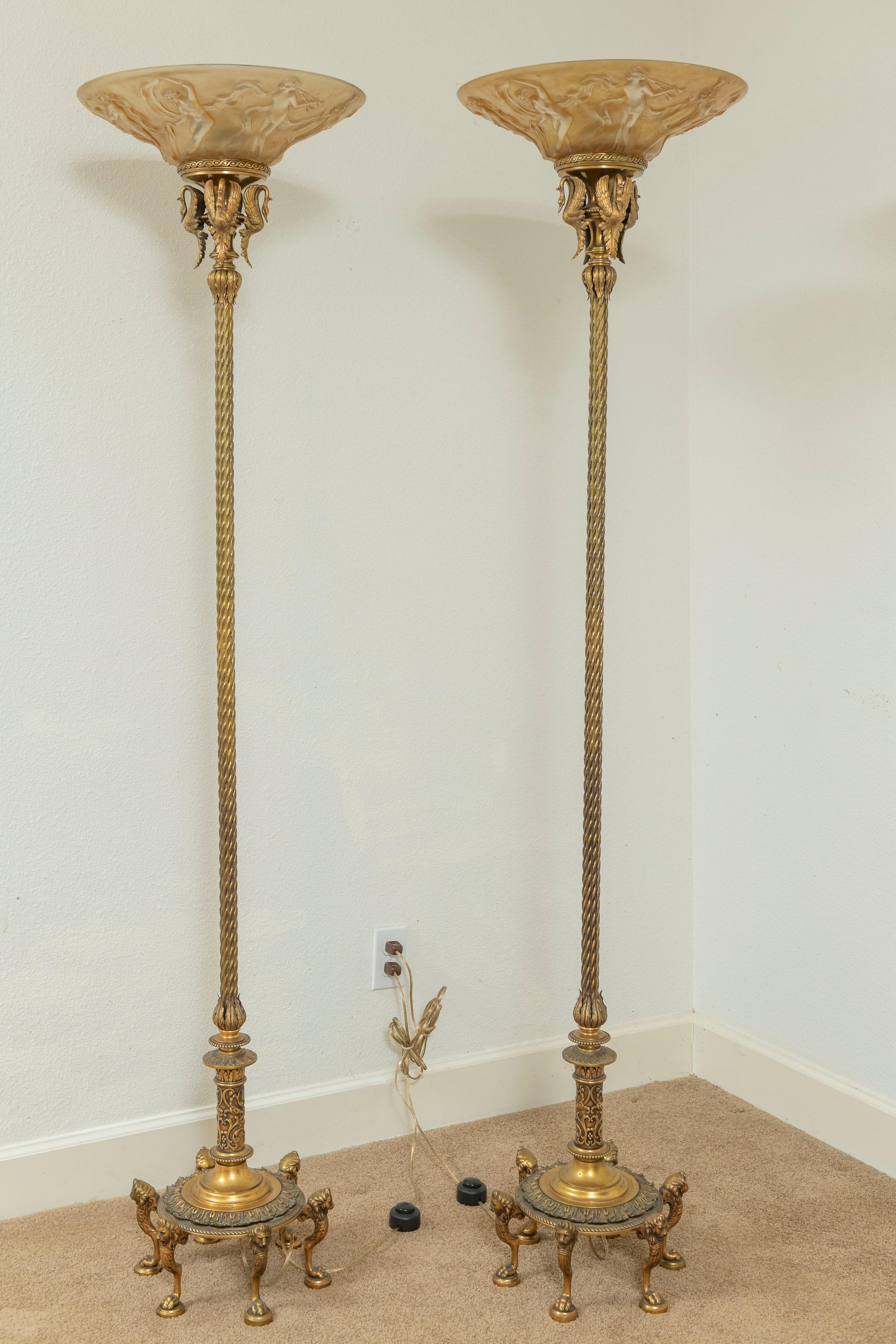 Pair of Bronze & Glass Torchiere Floor Lamps with Nudes on the Glass, circa 1915 5