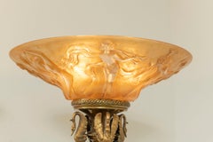 Pair of Bronze & Glass Torchiere Floor Lamps with Nudes on the Glass, circa 1915