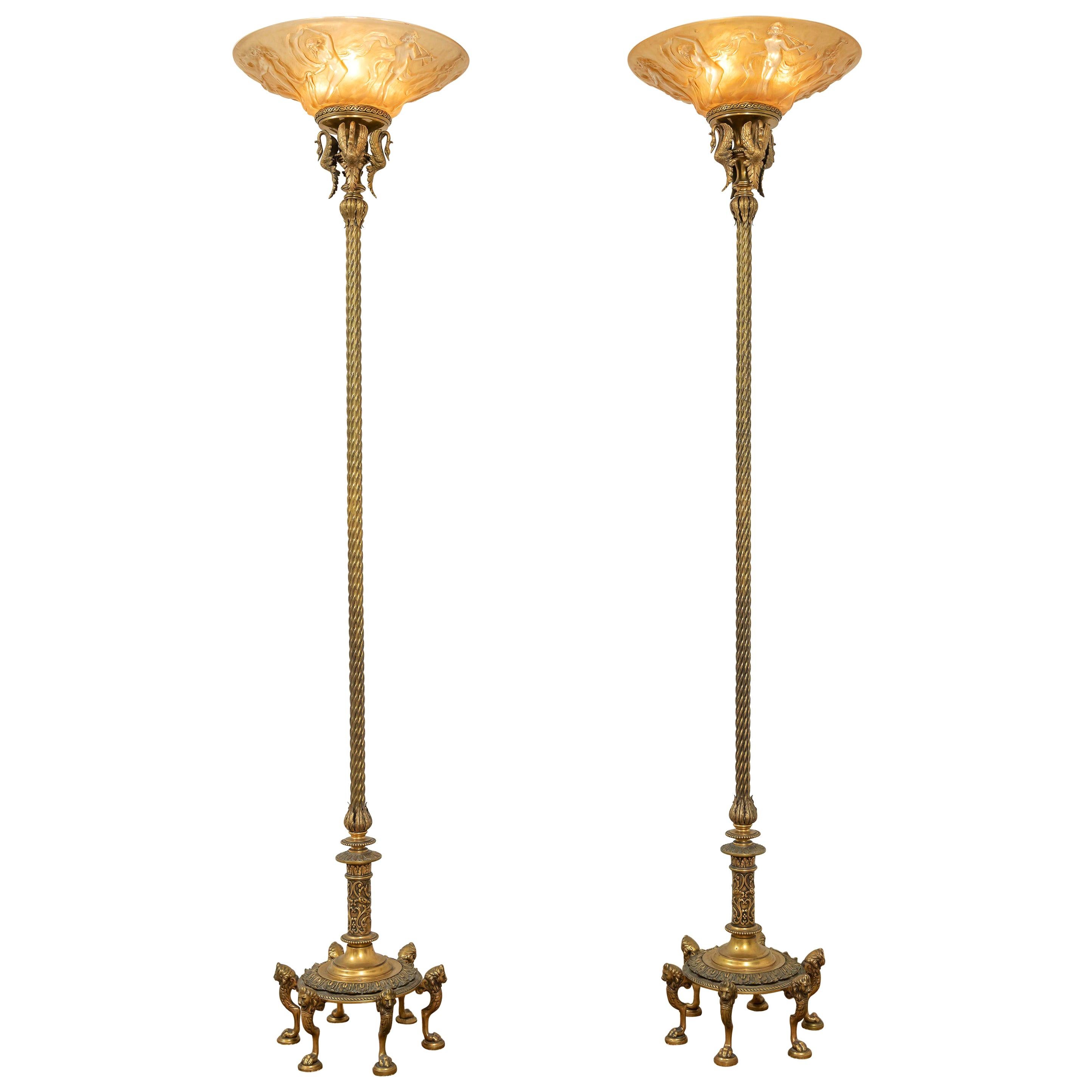 Pair of Bronze & Glass Torchiere Floor Lamps with Nudes on the Glass, circa 1915
