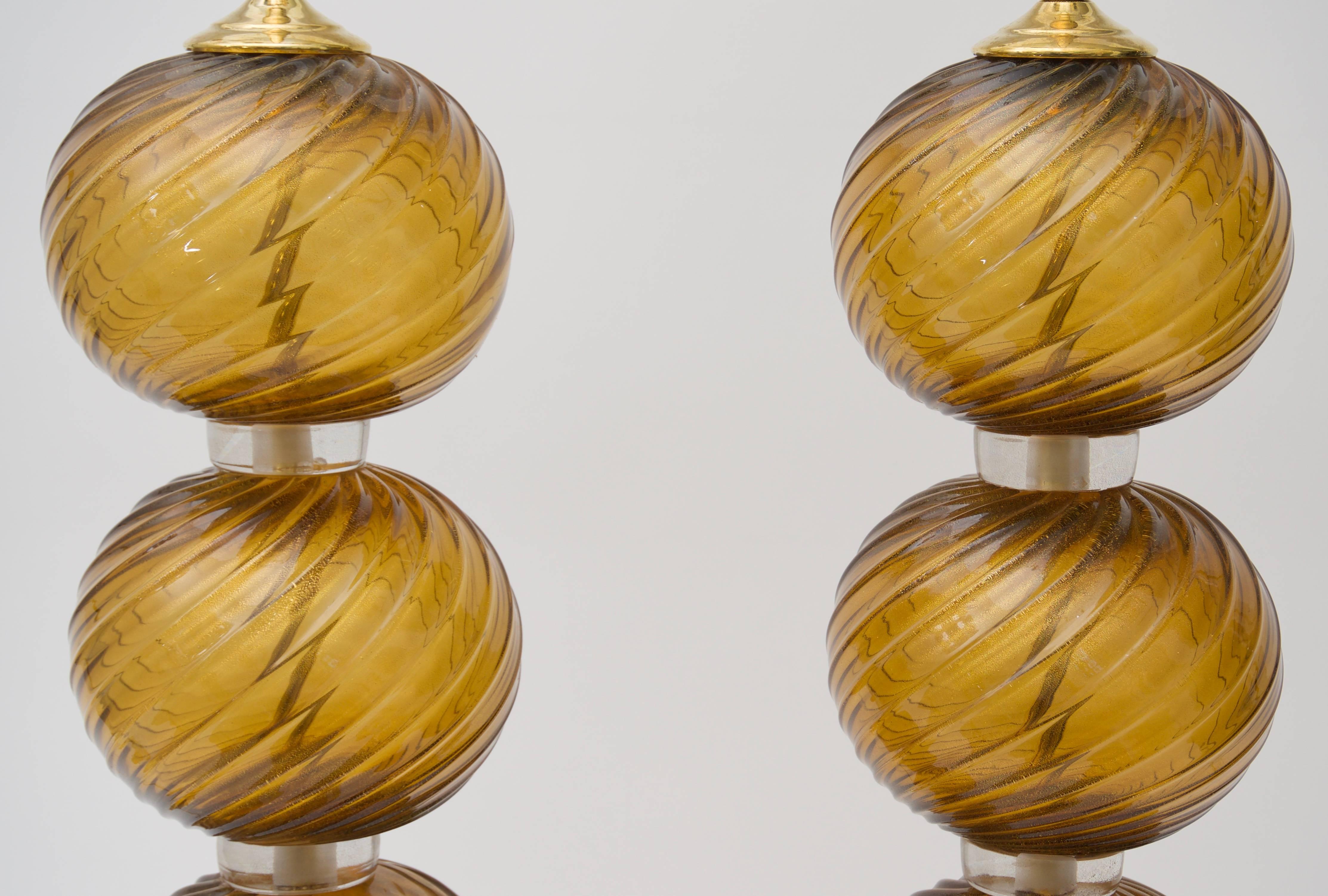 Hollywood Regency Pair of Bronze Gold Color Murano Glass Table Lamps 