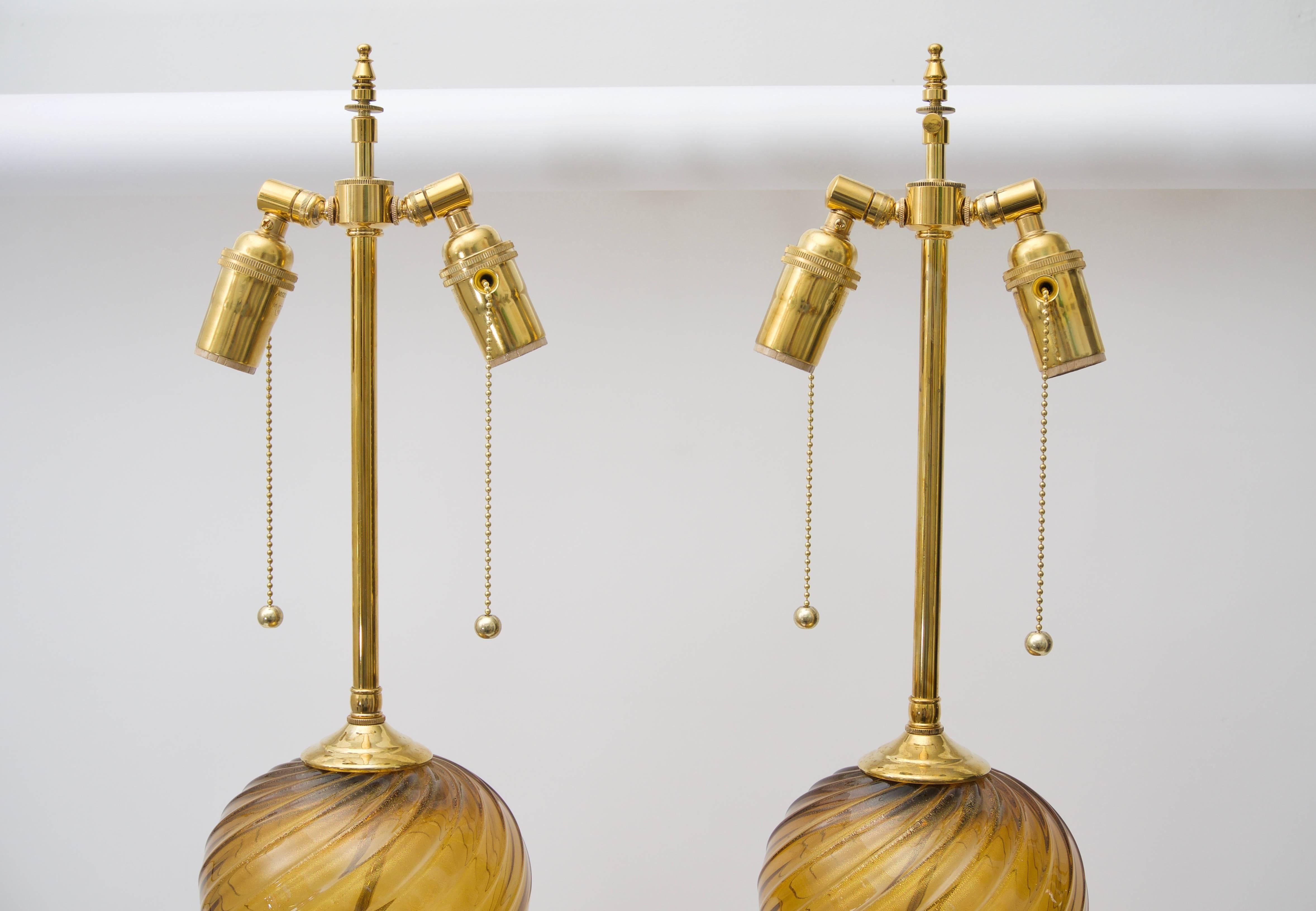 20th Century Pair of Bronze Gold Color Murano Glass Table Lamps 