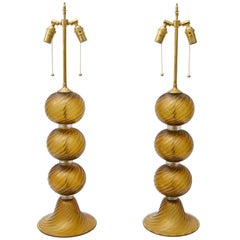 Pair of Bronze Gold Color Murano Glass Table Lamps 