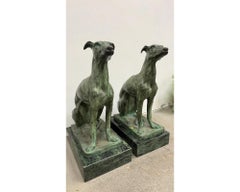 Pair of Bronze Greyhound Dog Sculptures on Marble Bases