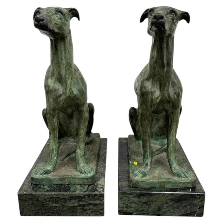 Pair of Bronze Greyhound Dog Sculptures on Marble Bases