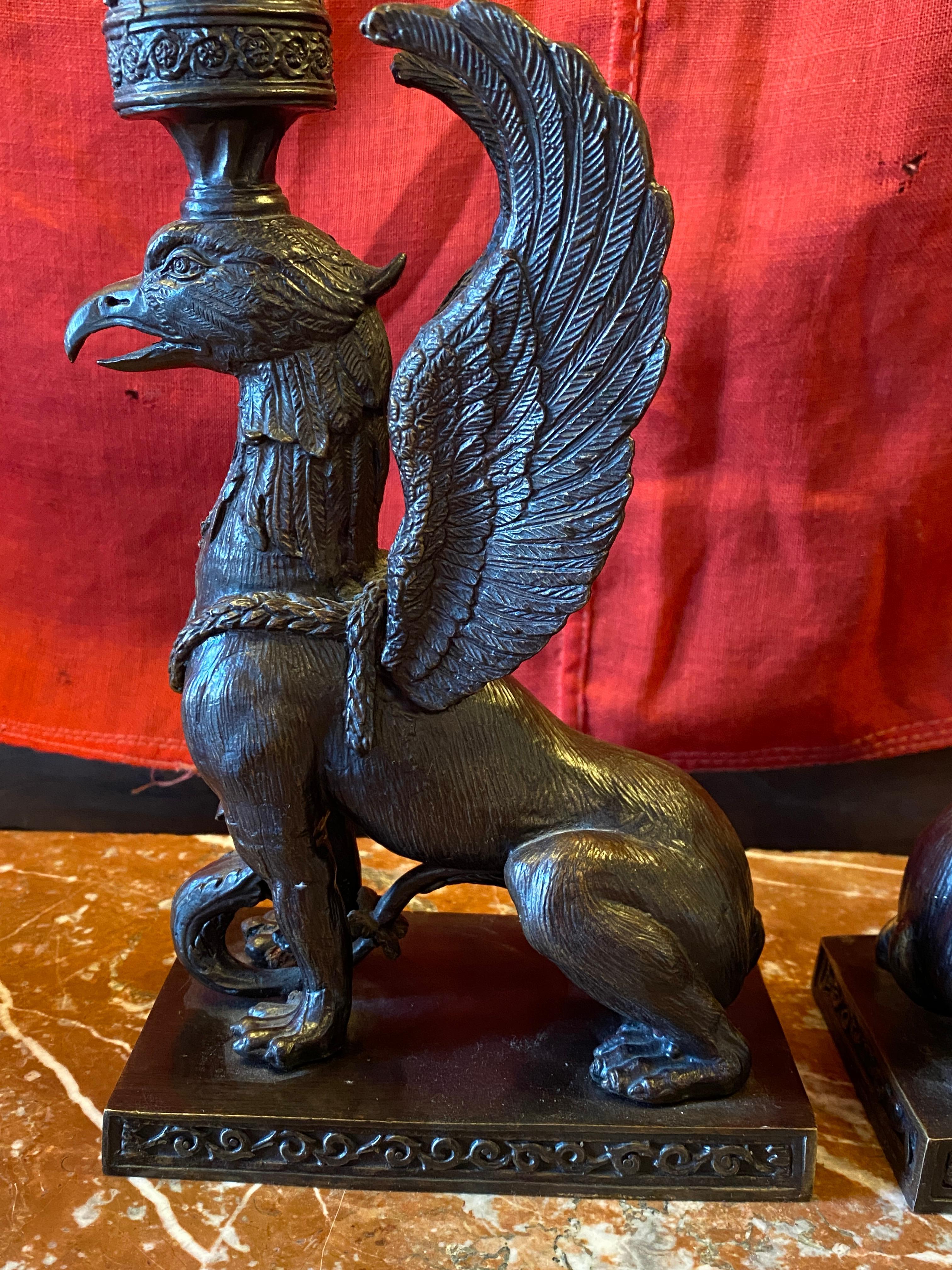 Pair of Bronze Griffin form Candle Holders In Good Condition In Nashville, TN