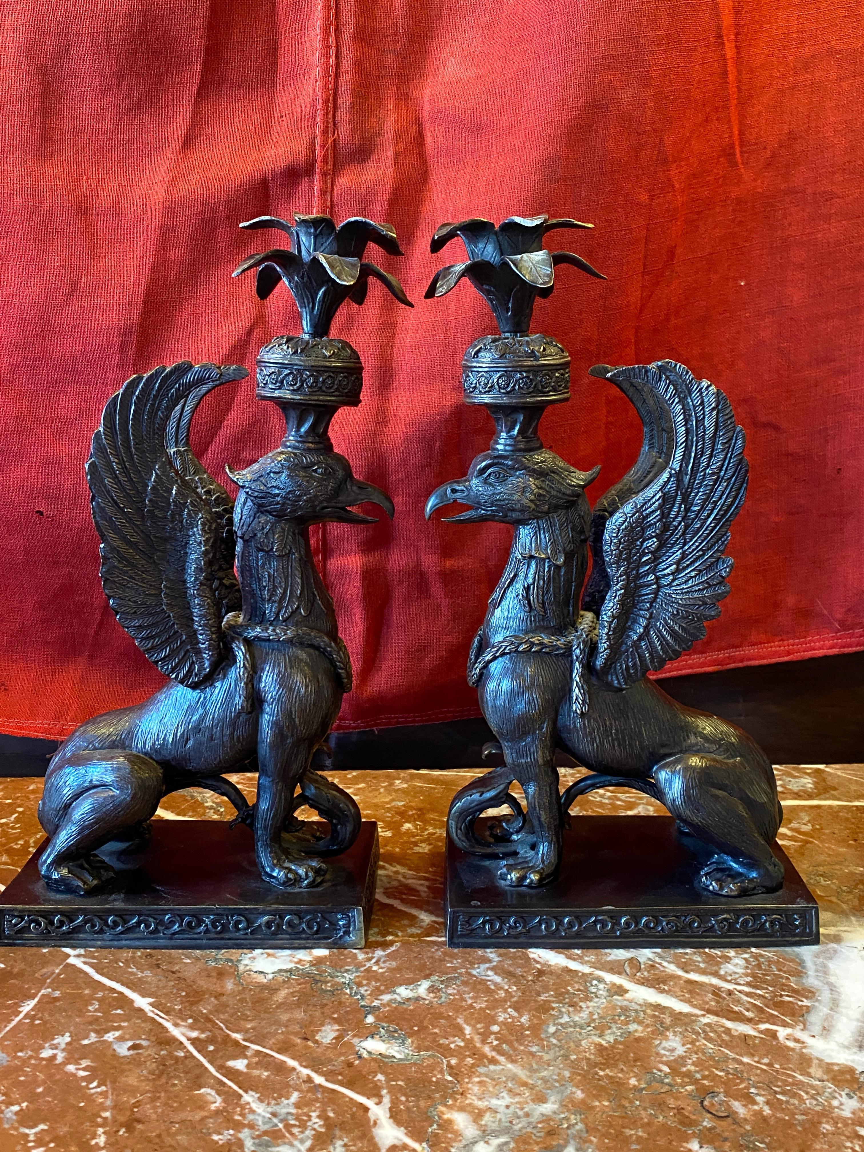 Pair of Bronze Griffin form Candle Holders 2