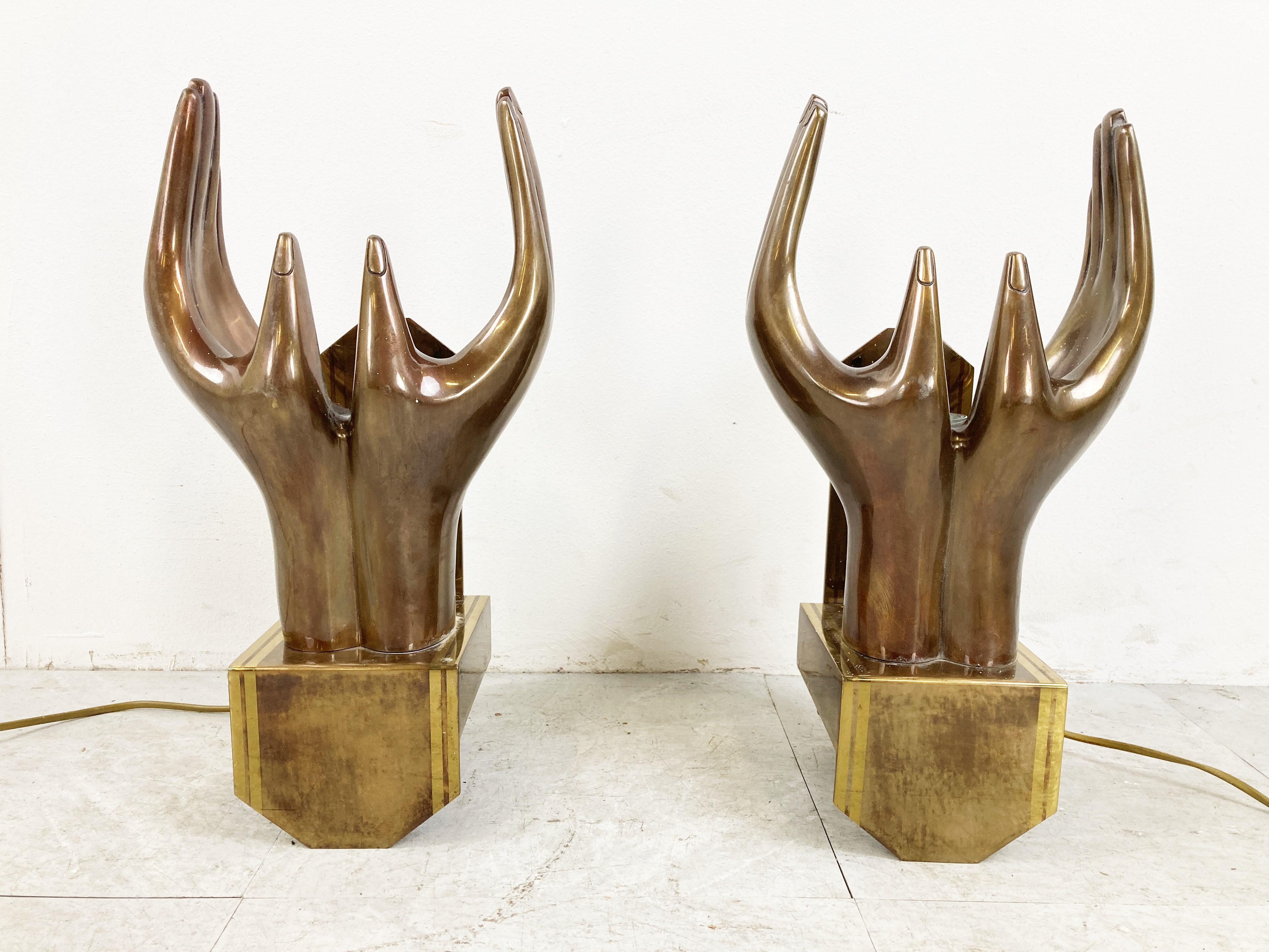 Hollywood Regency Pair of Bronze Hand Shaped Wall Lamps, 1990s For Sale
