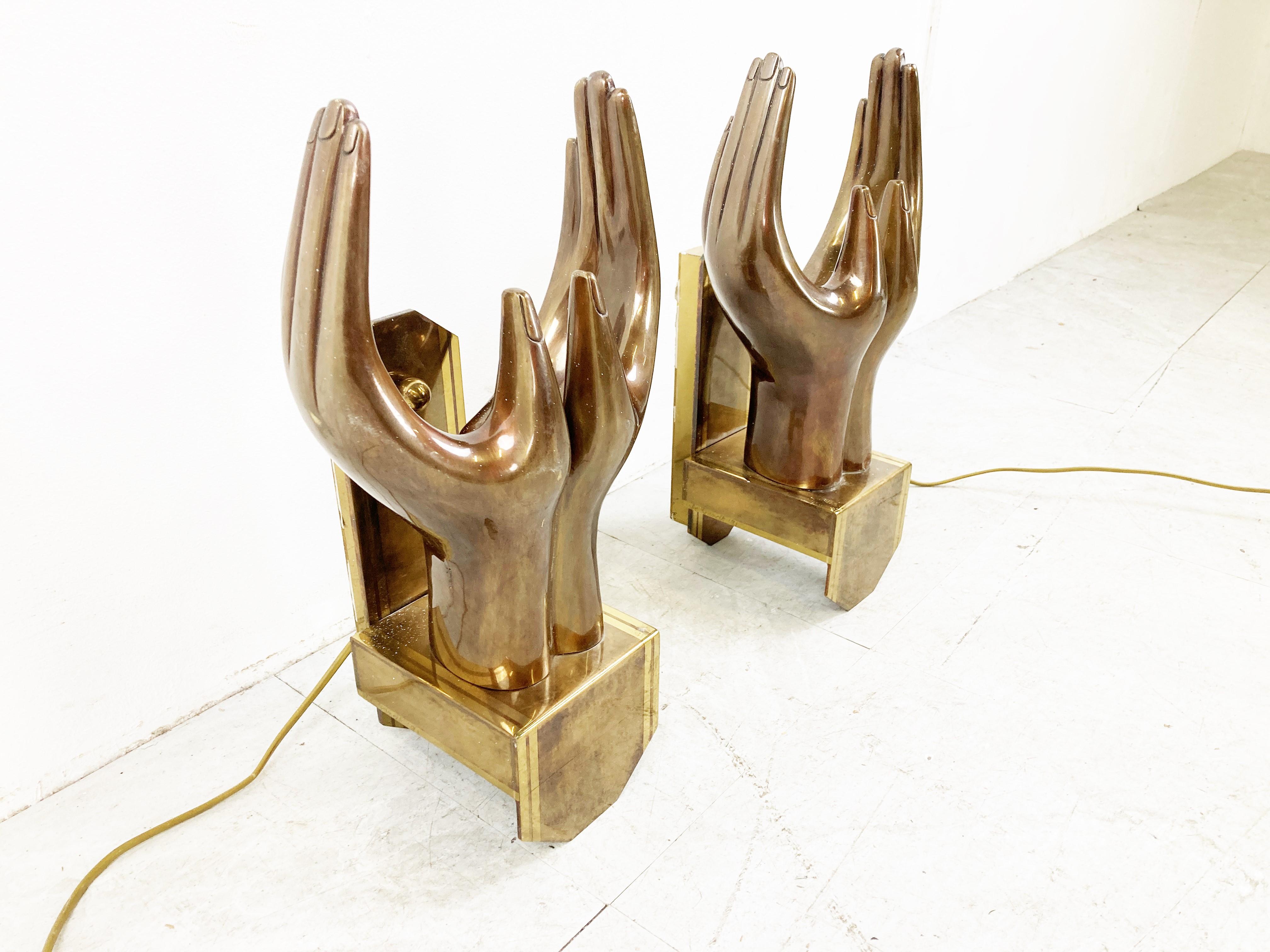 Belgian Pair of Bronze Hand Shaped Wall Lamps, 1990s For Sale
