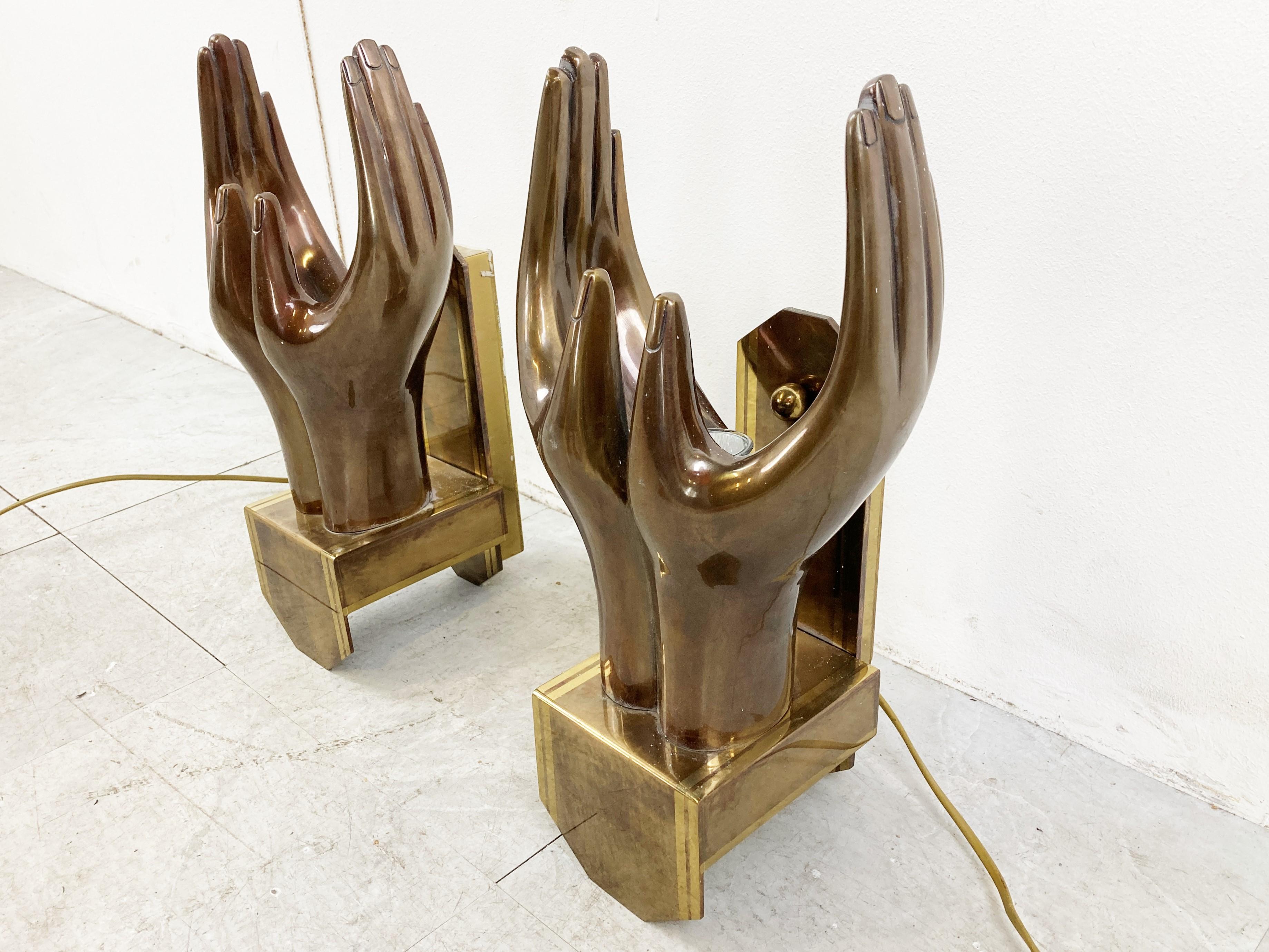 Pair of Bronze Hand Shaped Wall Lamps, 1990s In Good Condition For Sale In HEVERLEE, BE