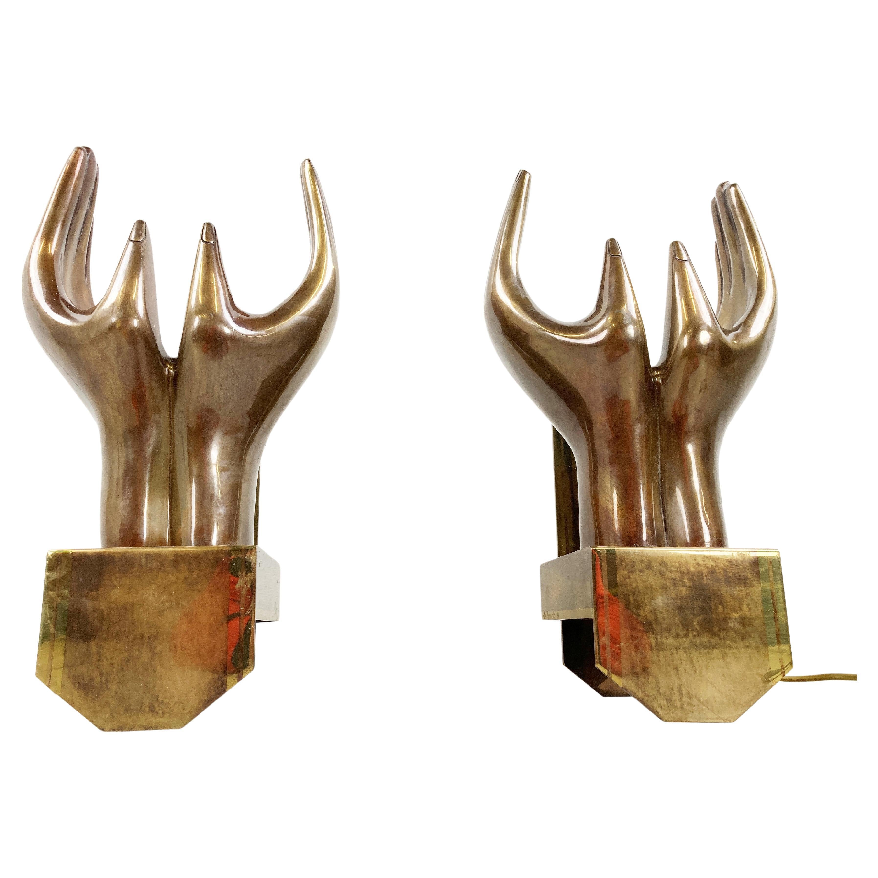 Pair of Bronze Hand Shaped Wall Lamps, 1990s For Sale