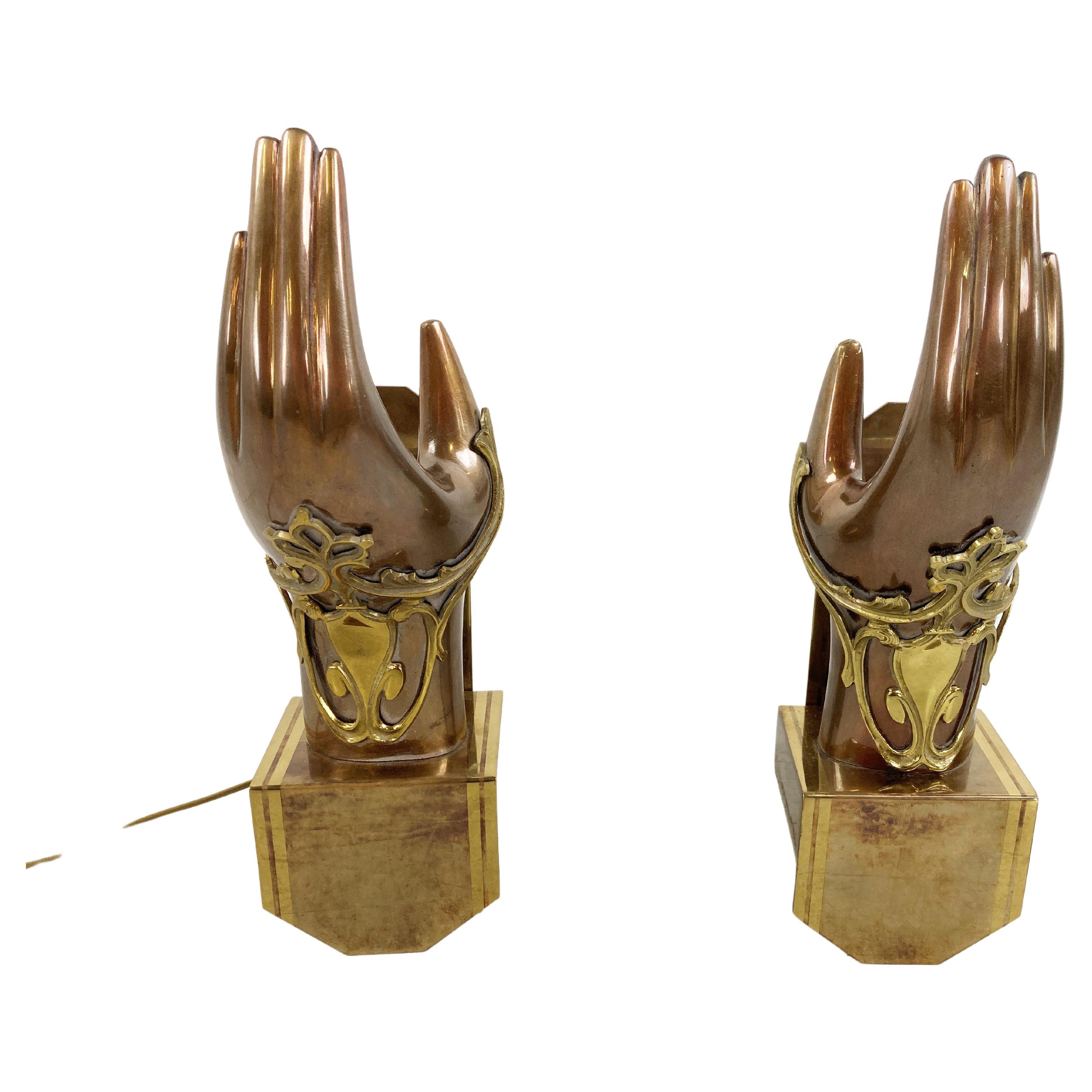 Pair of Bronze Hand Shaped Wall Lamps, 1990s