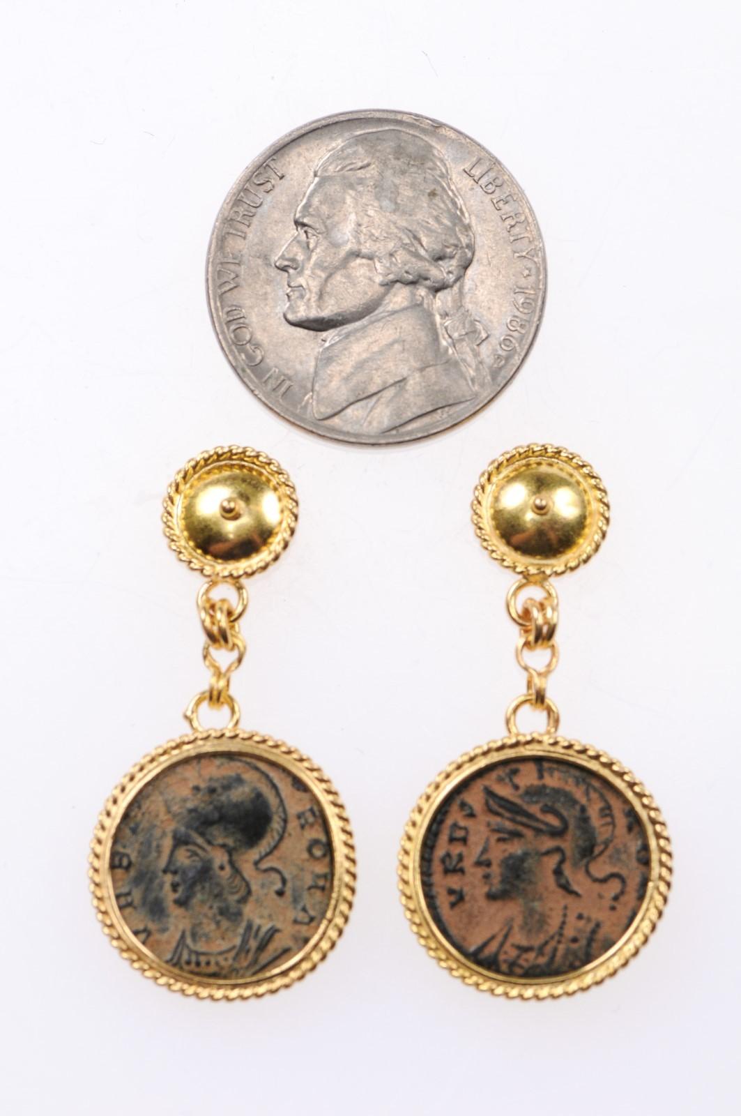 Classical Greek Pair of Bronze Hellenistic Coin Earrings For Sale