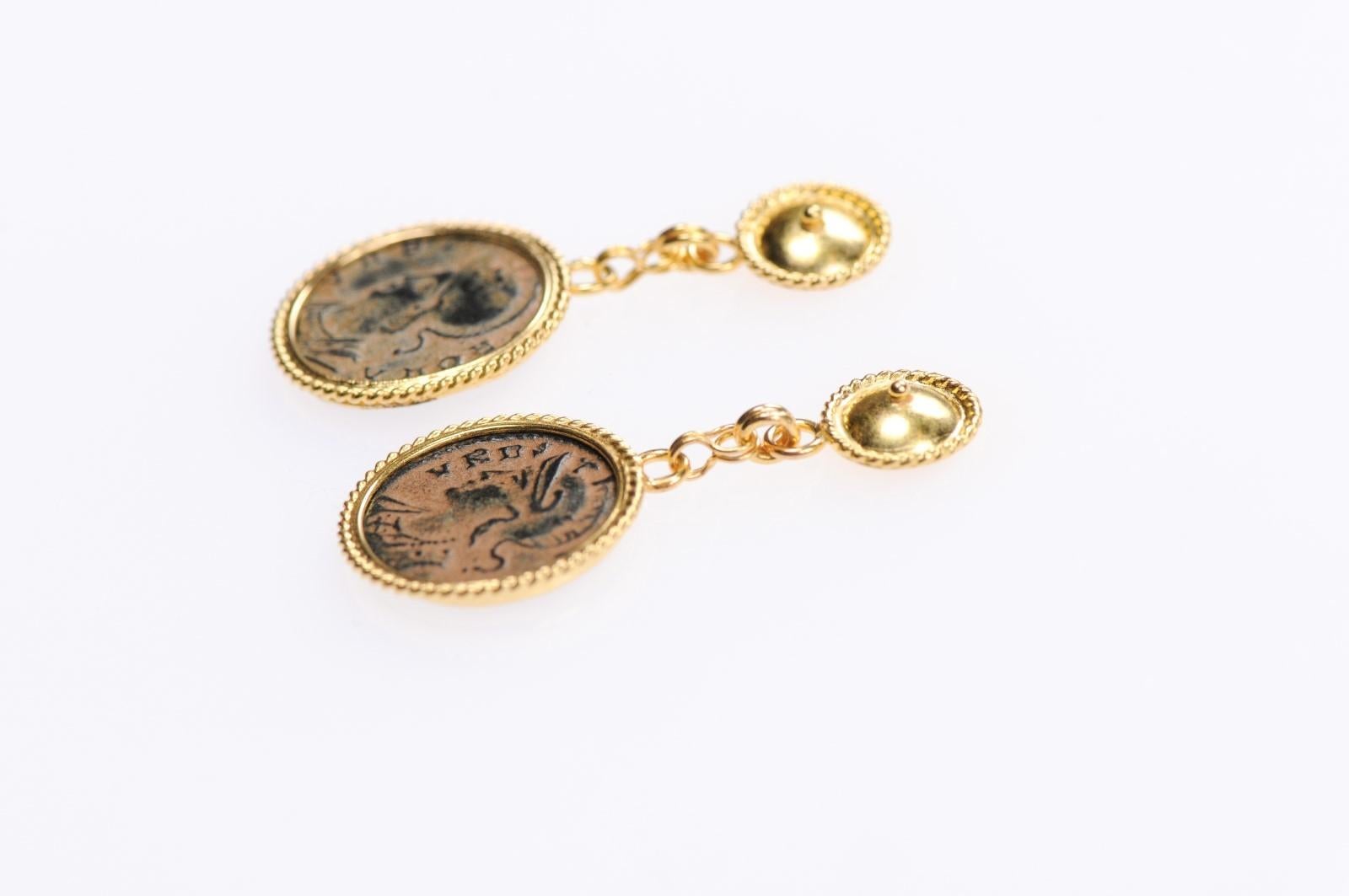 Pair of Bronze Hellenistic Coin Earrings For Sale 1