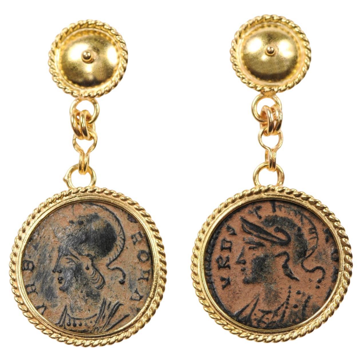 Pair of Bronze Hellenistic Coin Earrings For Sale