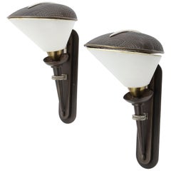 Pair of Bronze "Helmets" Sconces with Paper Shades, France, 1950s