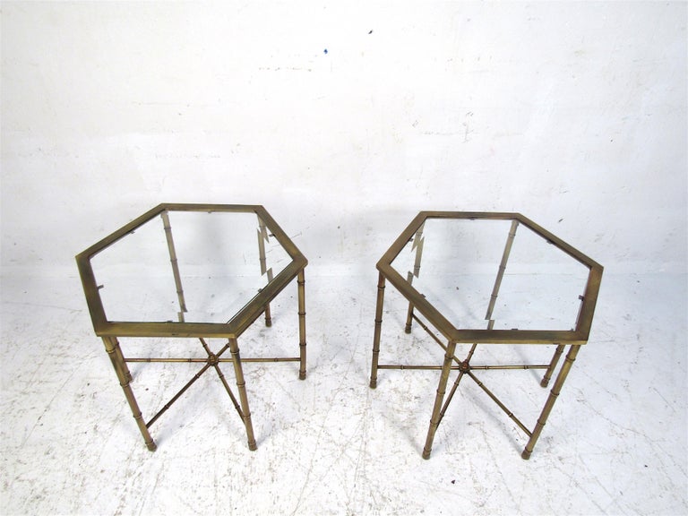 Mid-Century Modern Pair of Bronze Hexagonal End Tables For Sale