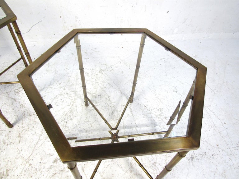 Glass Pair of Bronze Hexagonal End Tables For Sale