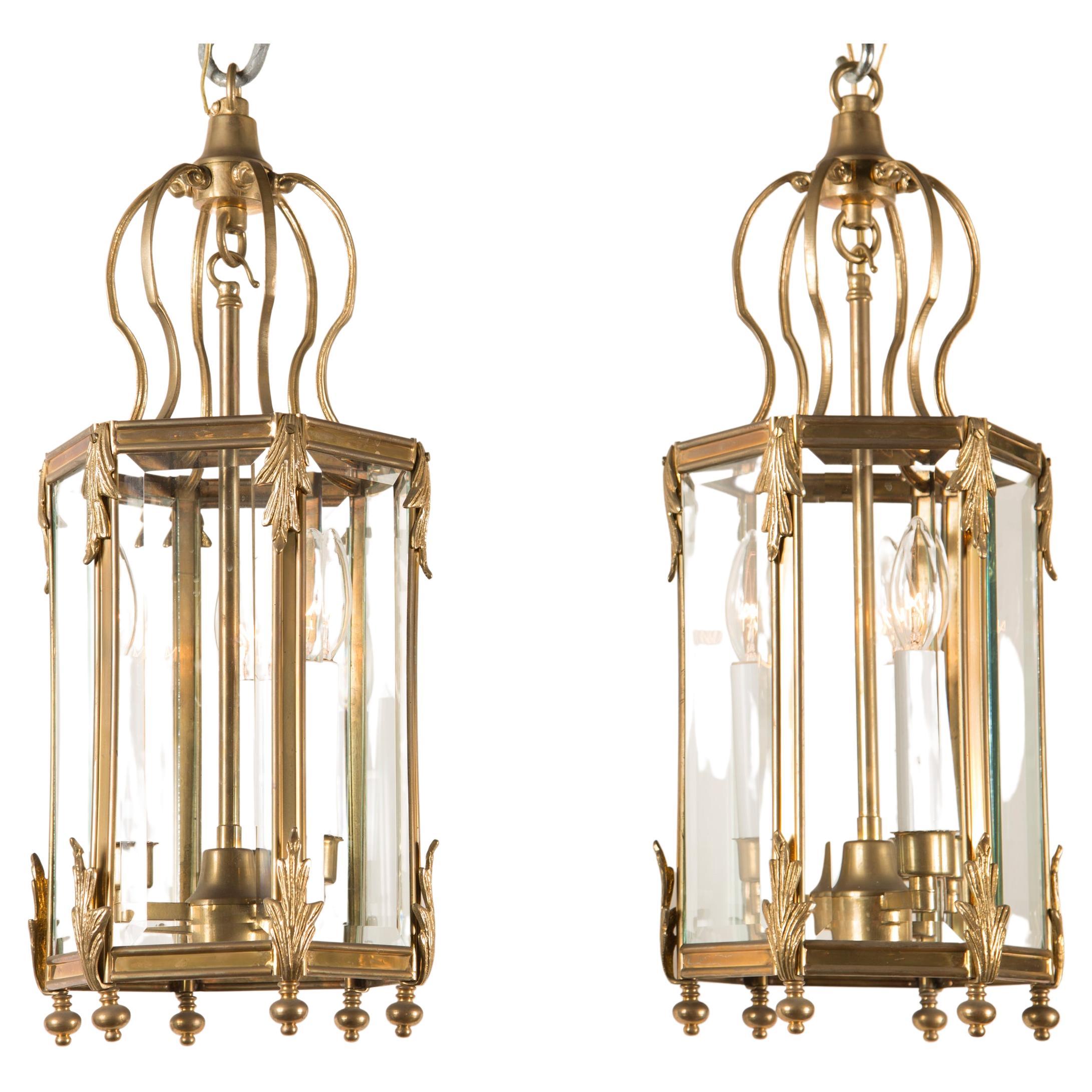 Pair of Bronze Hexagonal Lanterns, French Mid-20th Century
