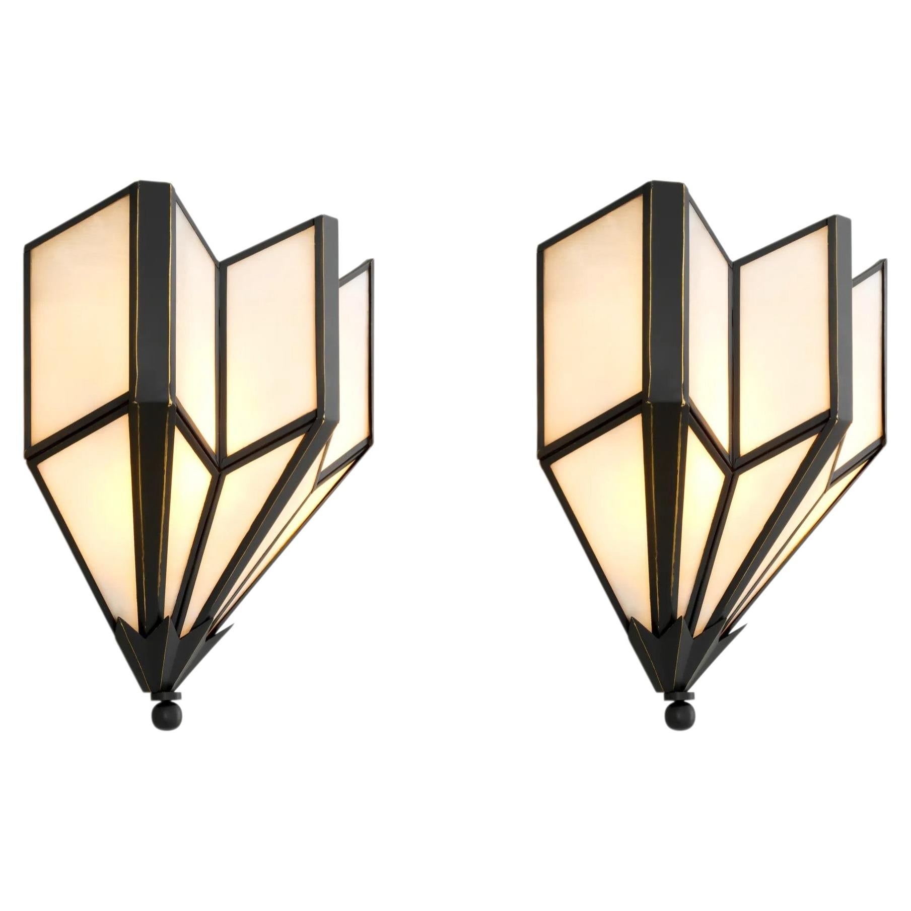 Pair of Bronze Highlight Finish Wall Lamp with White Casted Glass For Sale