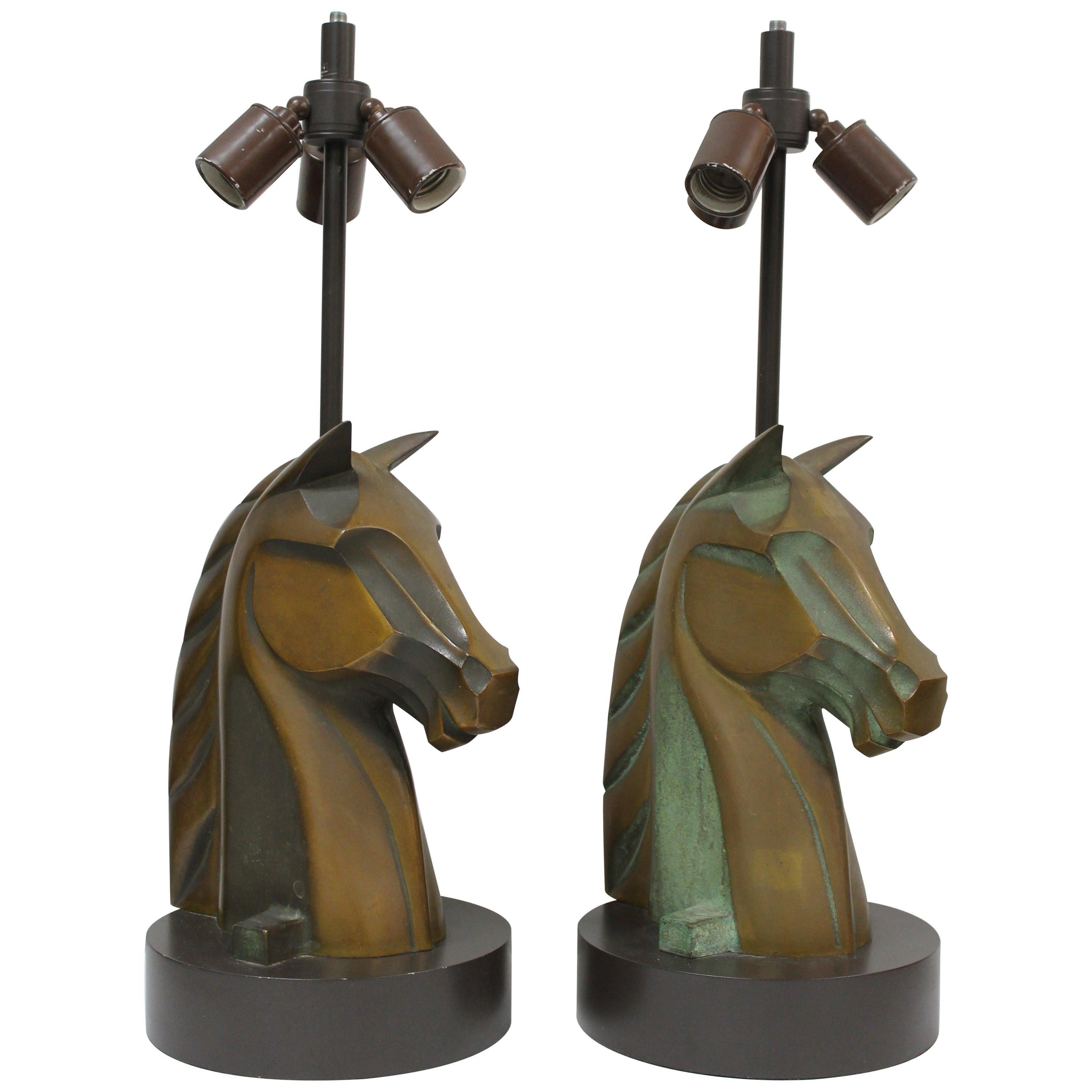 Pair of Bronze Horse Head Lamps For Sale