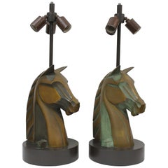 Vintage Pair of Bronze Horse Head Lamps