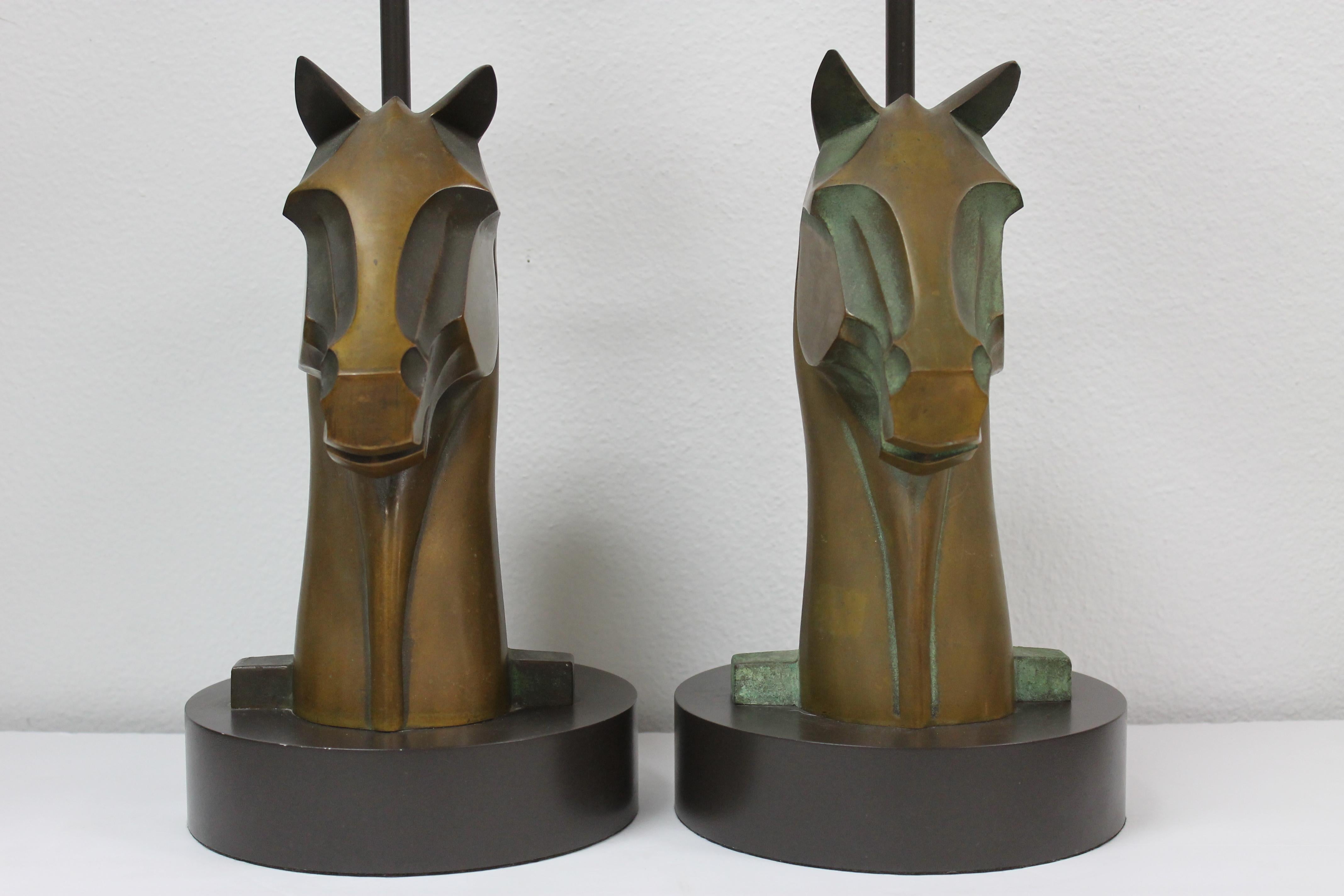 French Pair of Bronze Horse Head Lamps For Sale