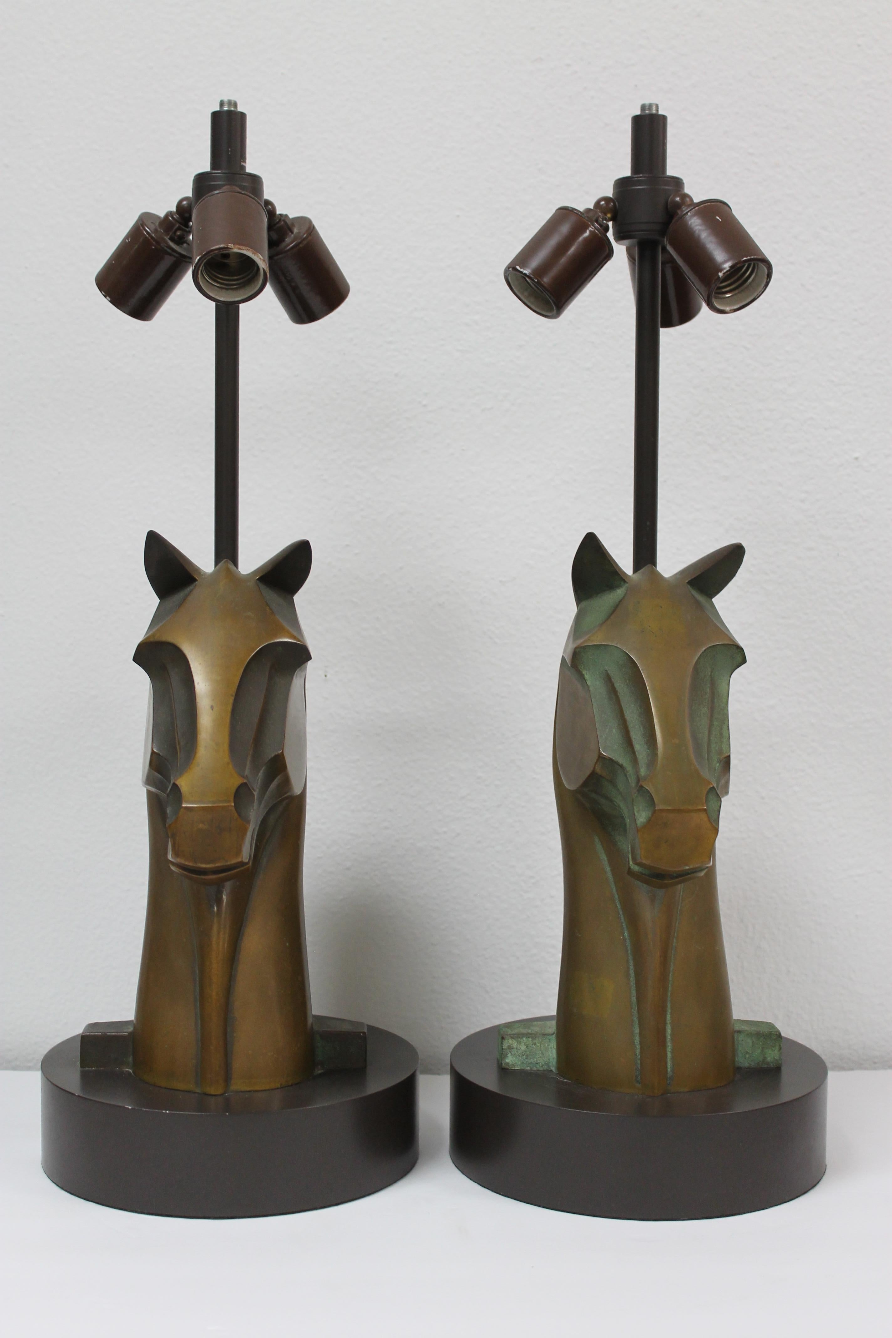 Pair of Bronze Horse Head Lamps In Good Condition For Sale In Palm Springs, CA