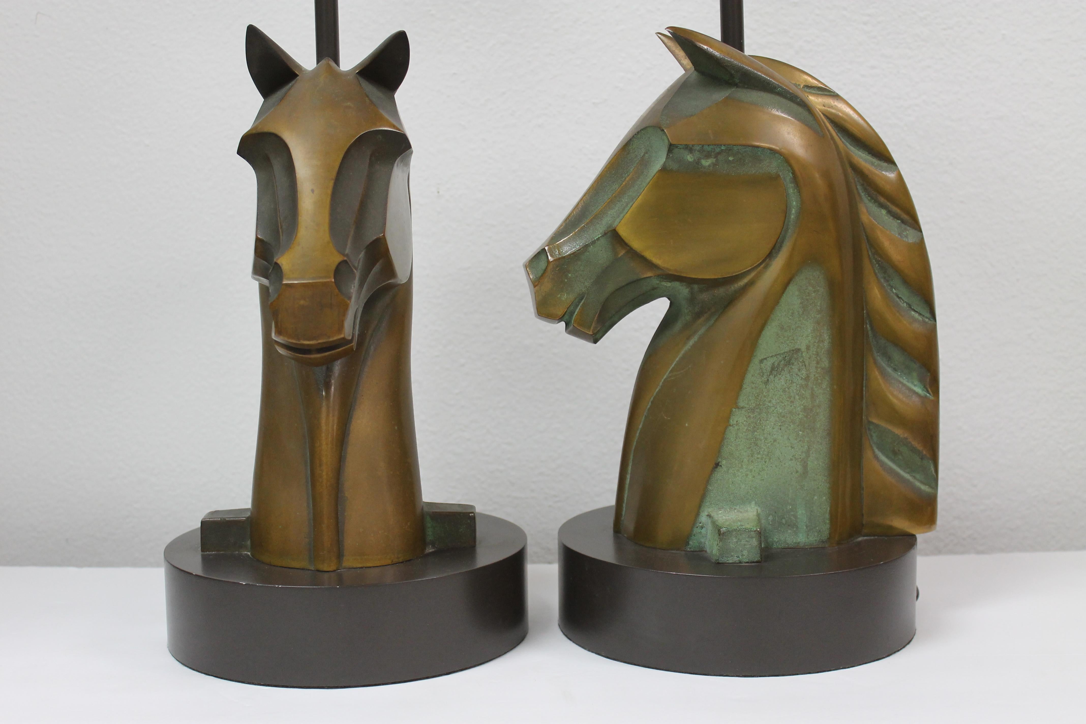 Mid-20th Century Pair of Bronze Horse Head Lamps For Sale