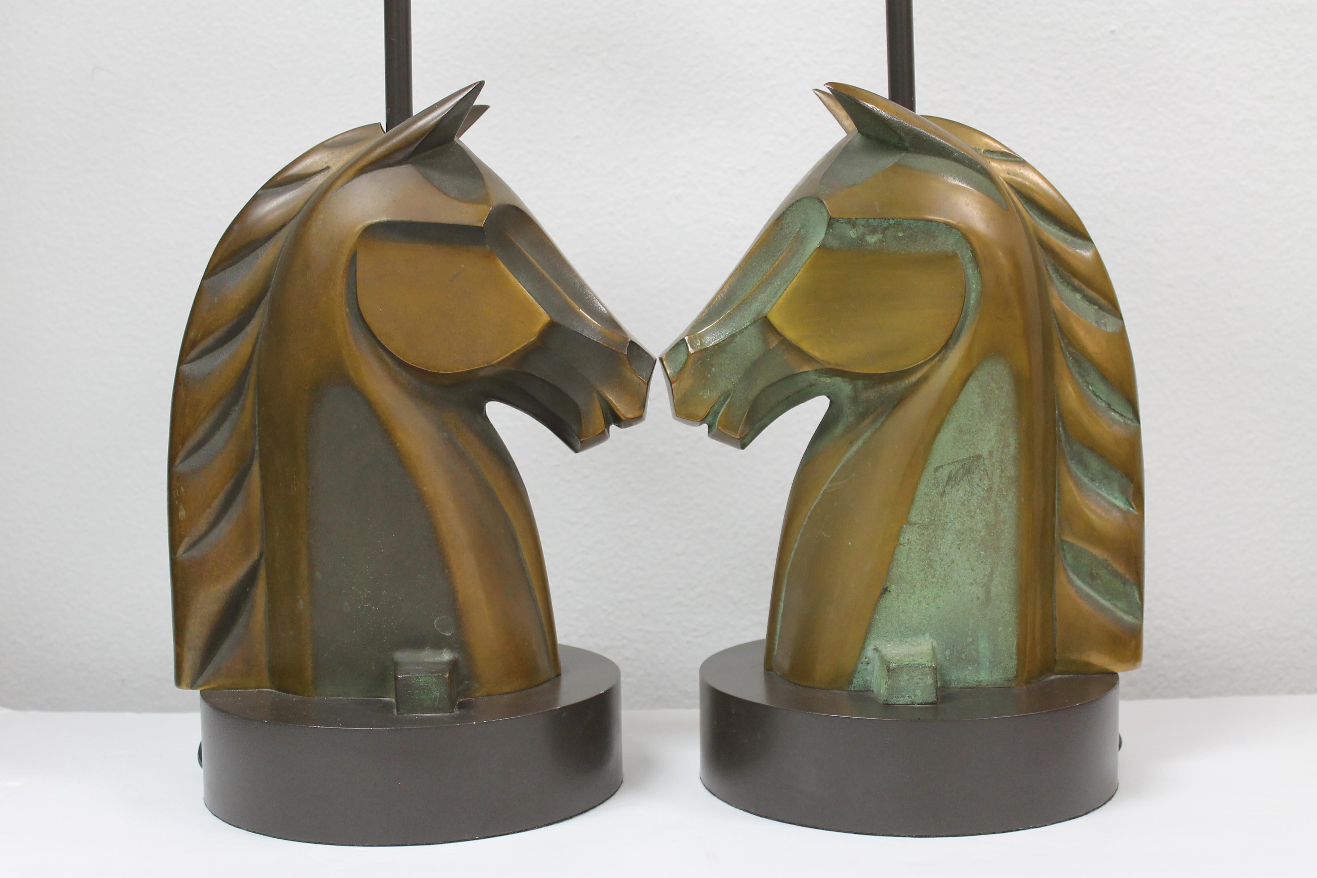 Pair of Bronze Horse Head Lamps For Sale 1