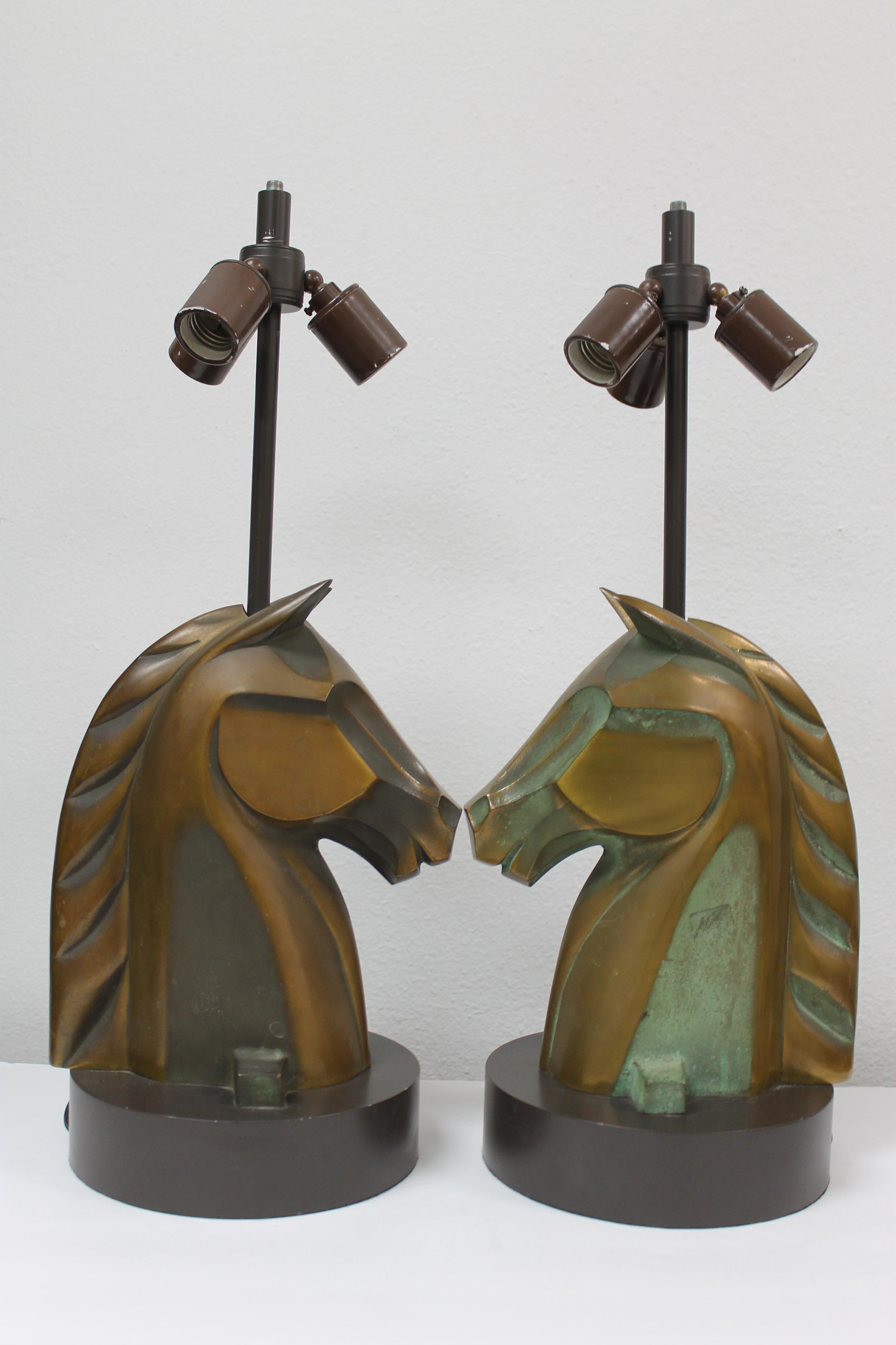 Pair of Bronze Horse Head Lamps For Sale 2